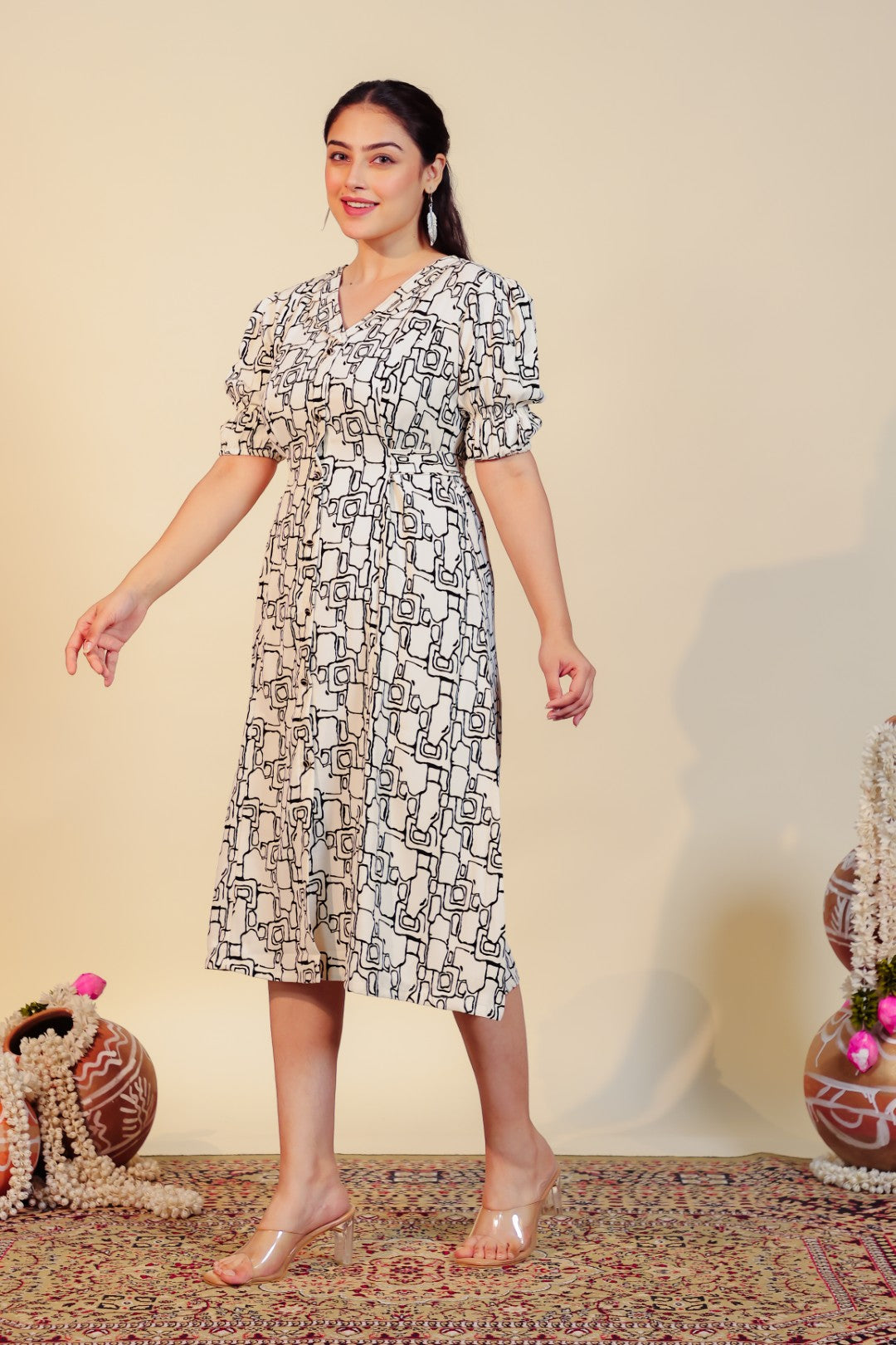 Off White Lycra with Geometric Printed Midi Dress