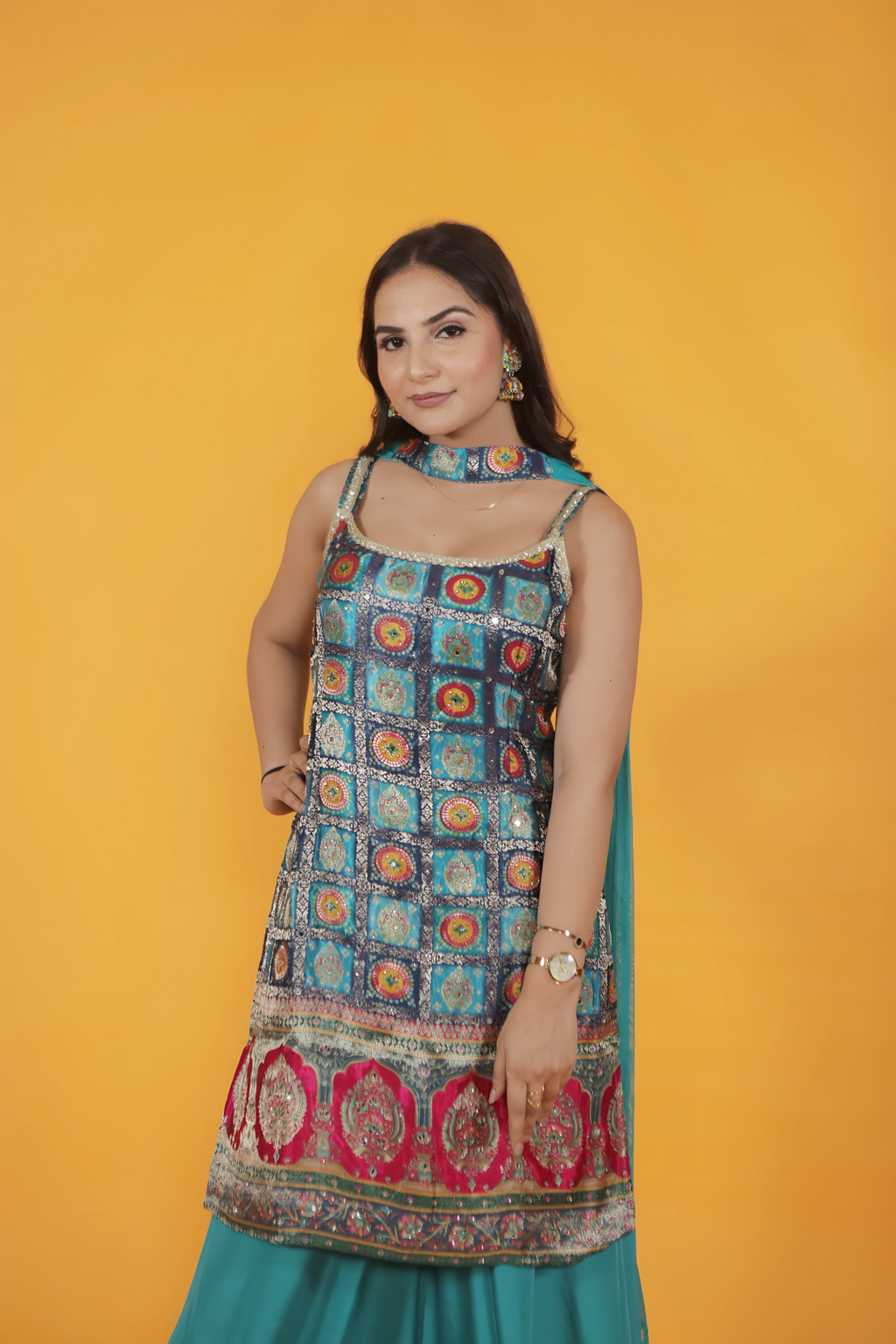 Dark Sky Blue Crepe Silk Top with Position Banarsi Prints, Sharara & Net Choker Dupatta