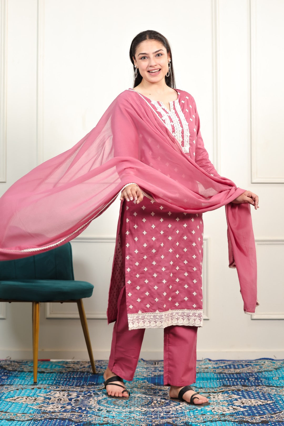 Rose Pink Cotton Suit with Fine Thread Work, Bottom & Dupatta