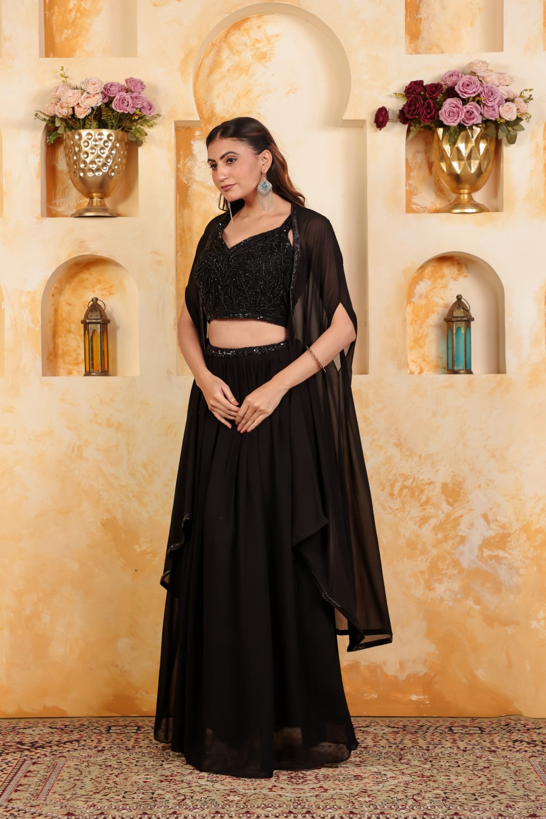 Black Georgette Handwork Blouse with Lehenga & Shrug
