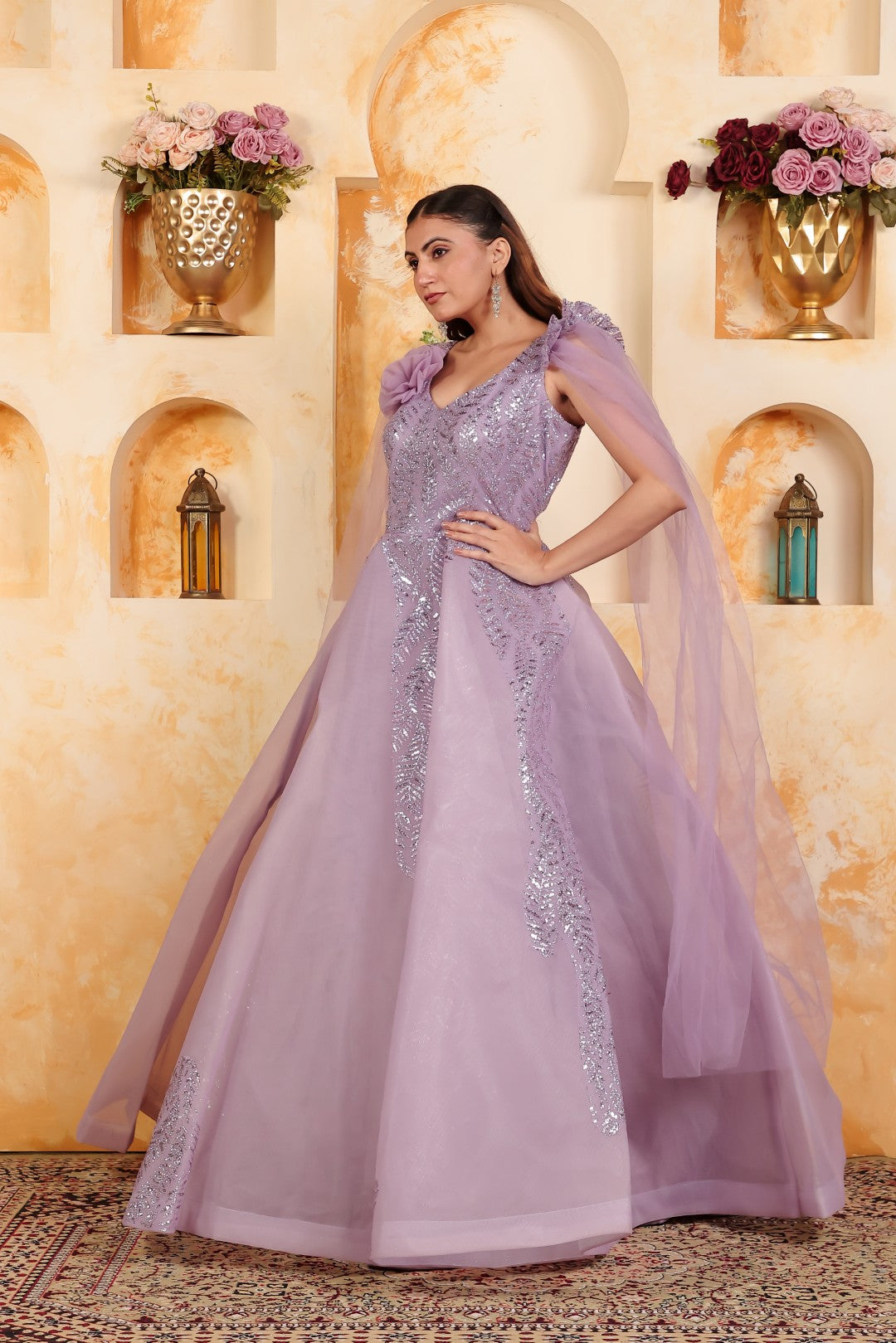 Lavender Net Gown with Sequin Work & Attached Dupatta