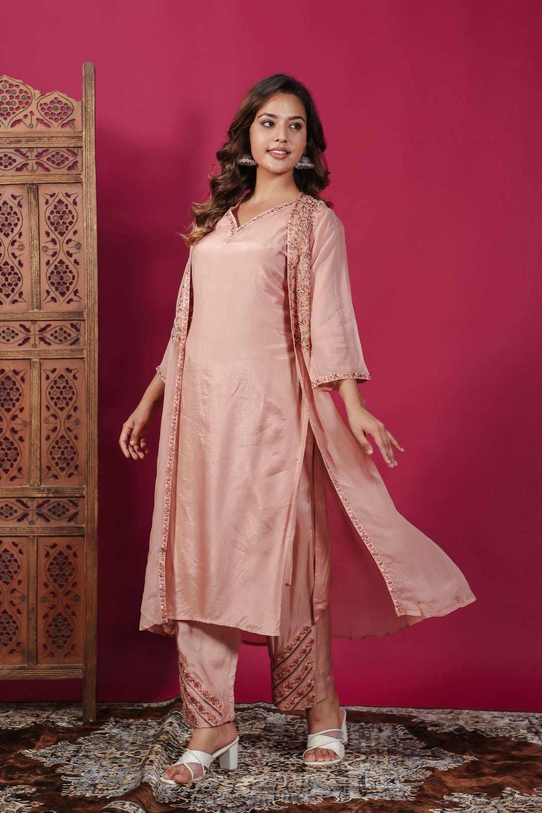 Peach Silk Suit with Thread Work, Long Jacket & Palazzo Pant