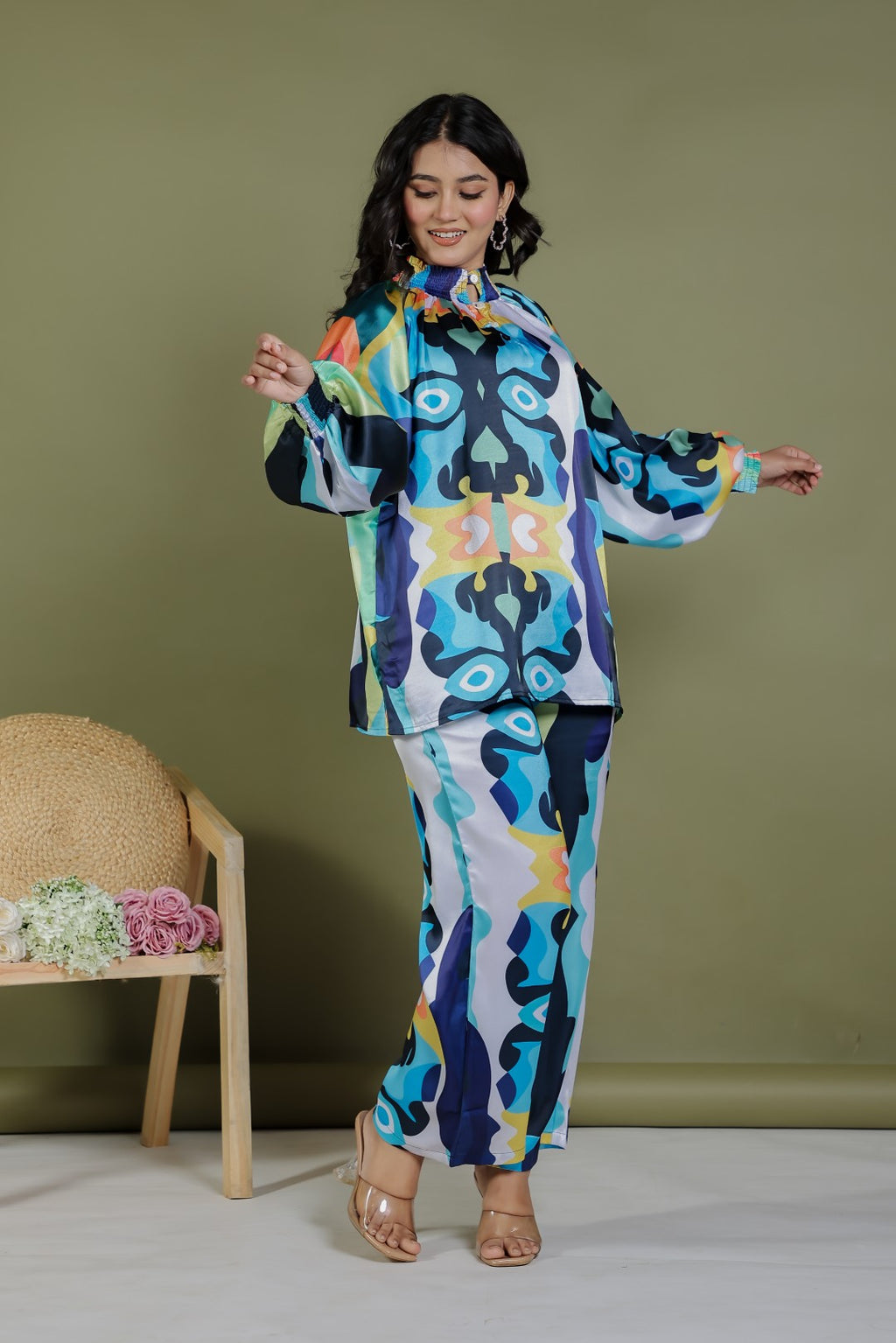 Multicolor Satin Printed Top and Multicolor Printed Bottom