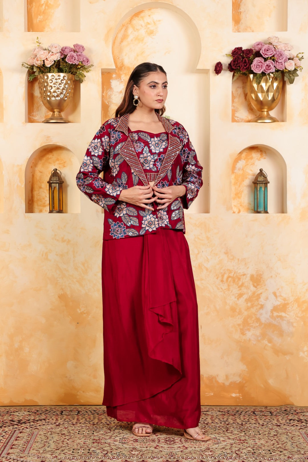Maroon Chinon Silk Blouse with Thread & Sequence Work, Jacket & Dhoti