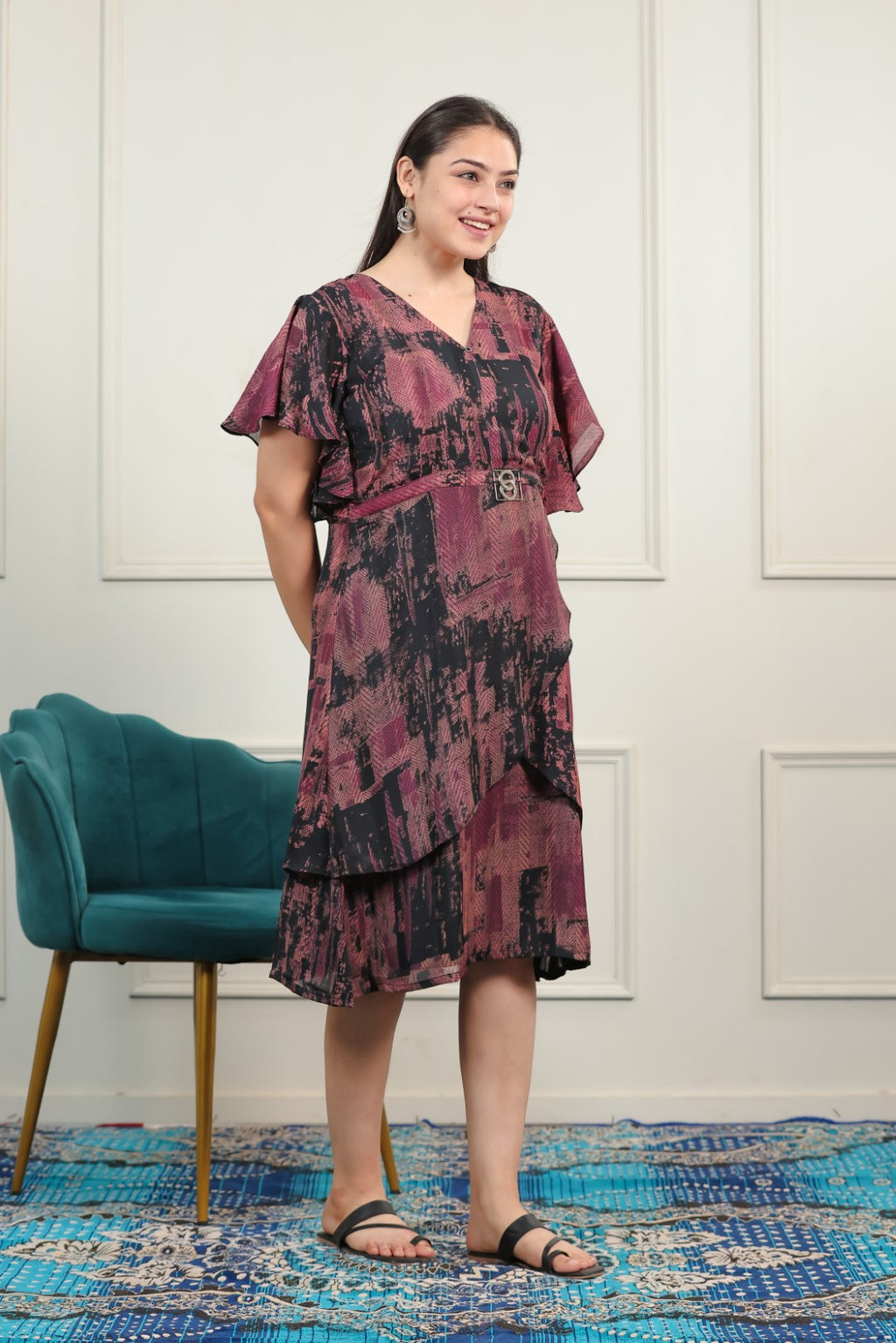 Black Lycra Printed Midi Dress