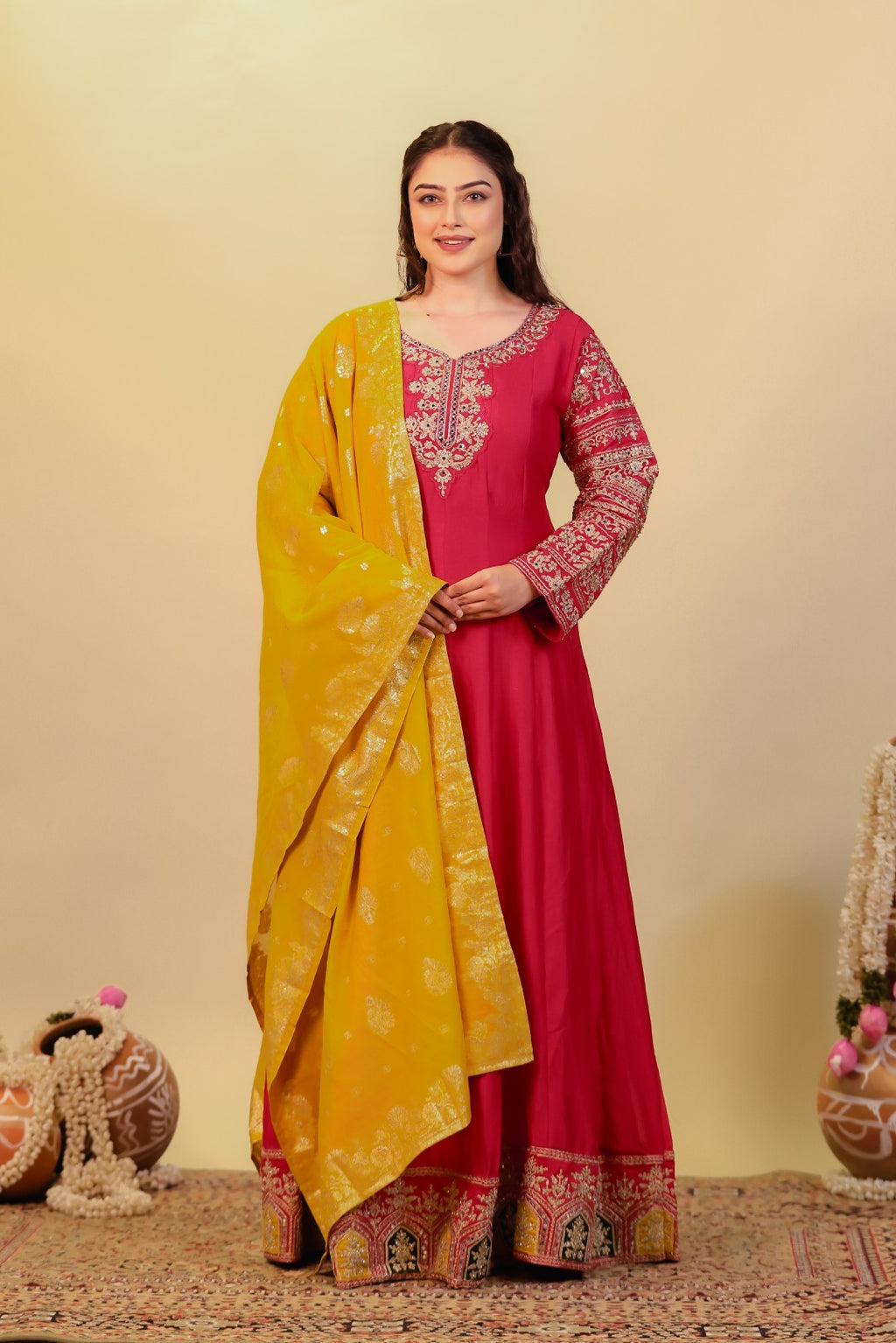 Rani Pink Vichitra Silk with Zari Work Gown & Dupatta