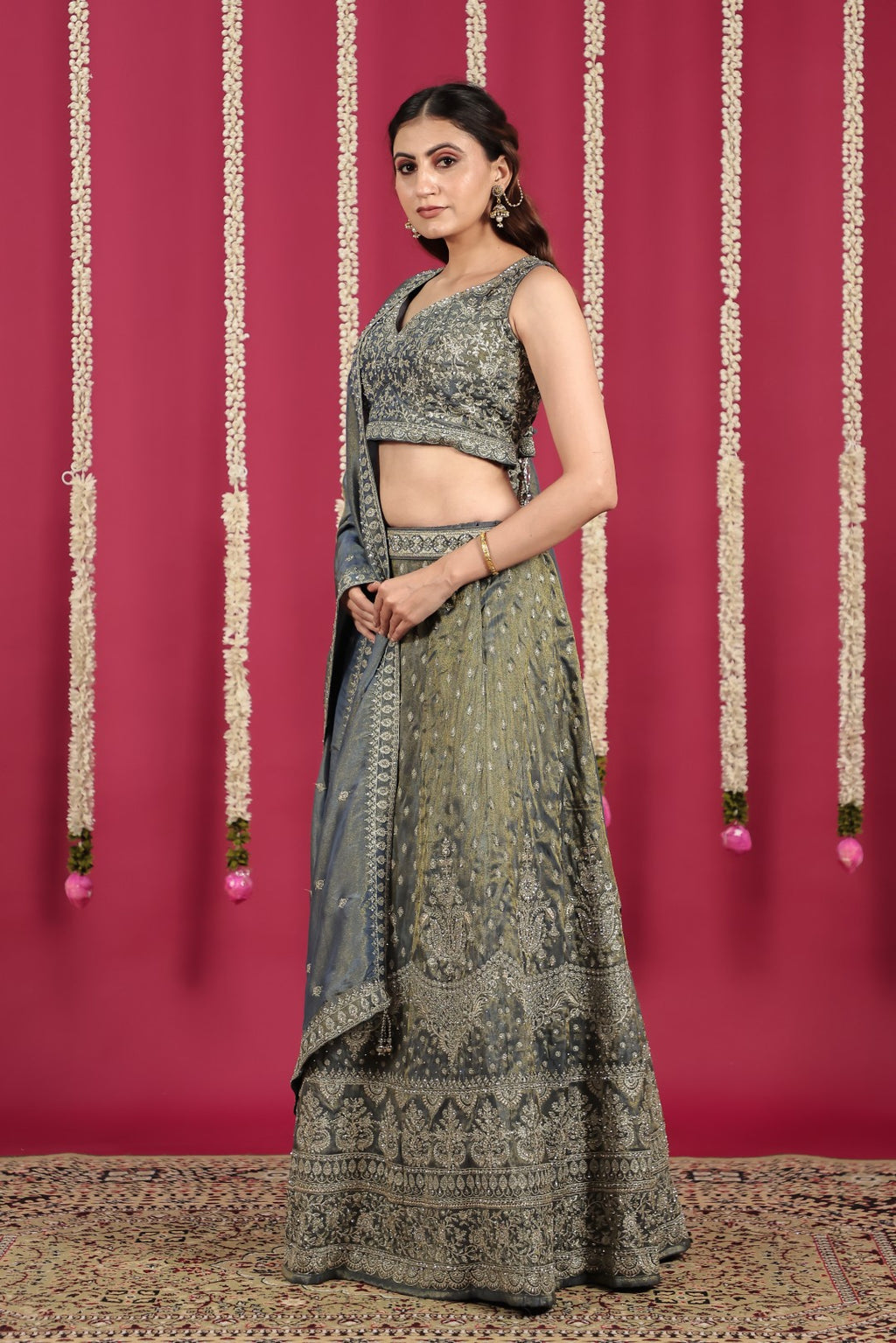 Steal Grey Mosh Silk Blouse with Full Heavy Zari Work, Lehenga & Dupatta