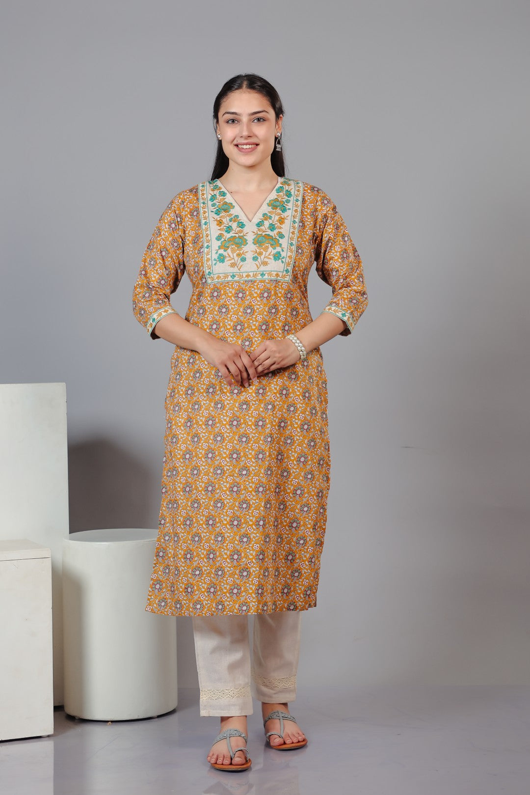 Yellow Cotton Printed Suit with Thread Work, Bottom & Dupatta
