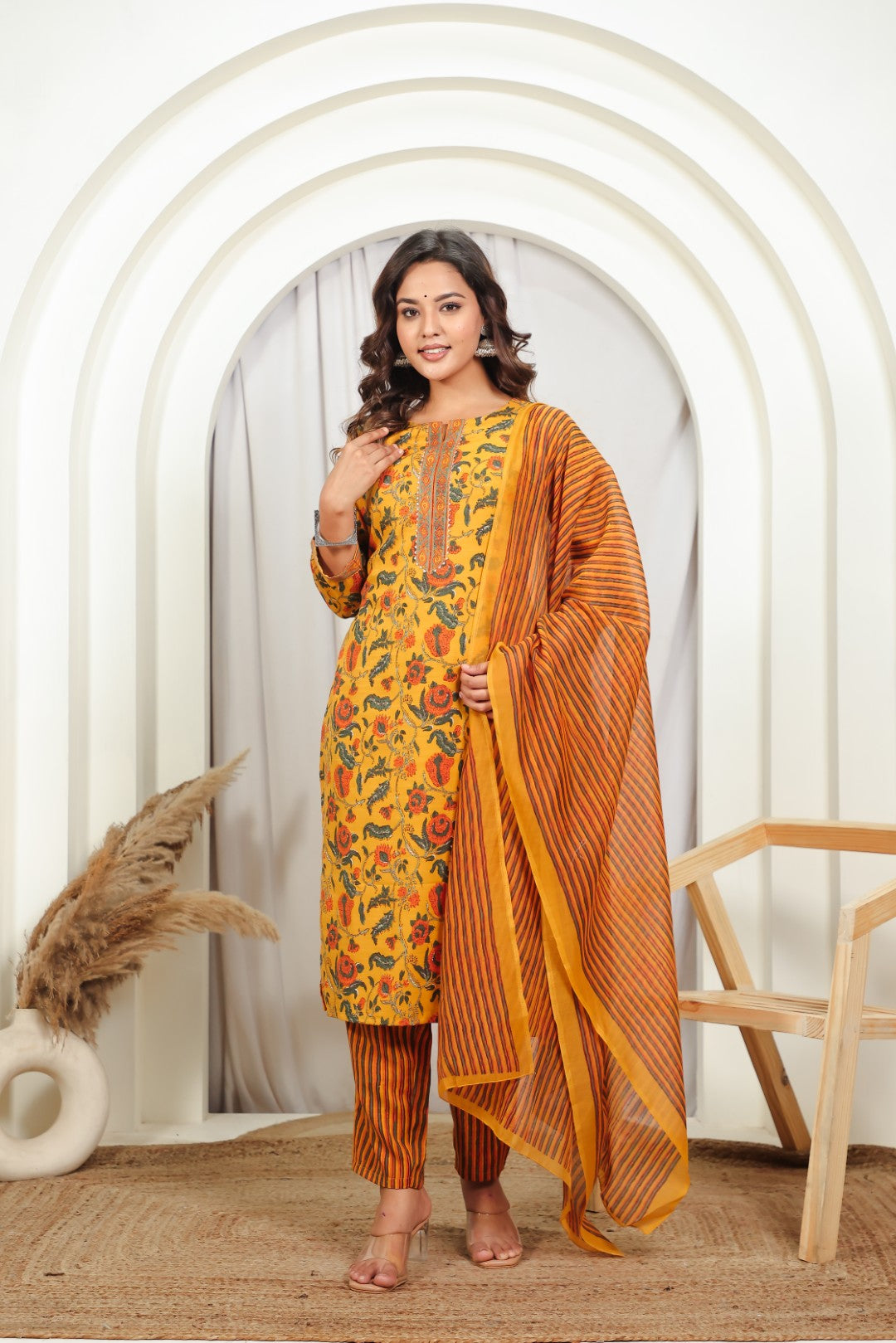 Mustard Yellow Slub Cotton Floral Printed Suit, Bottom & Dupatta