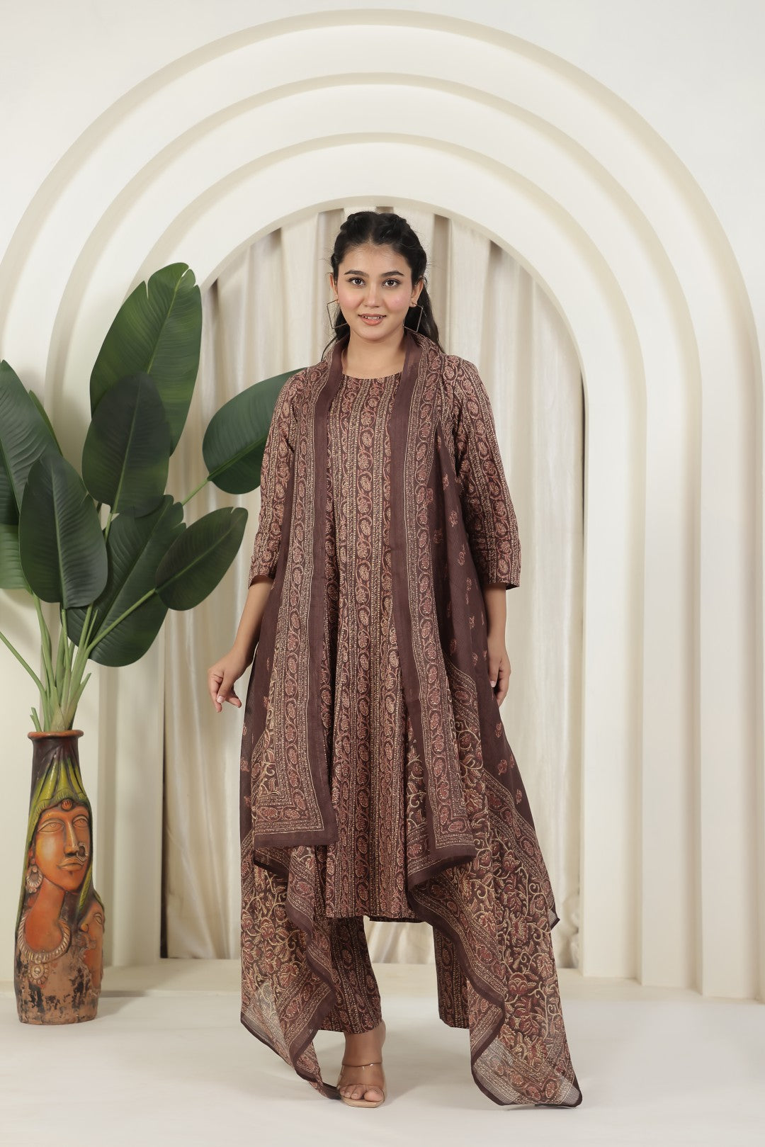 Chocolate Brown Cotton Printed Suit and Paired with a Matching Pant & Dupatta