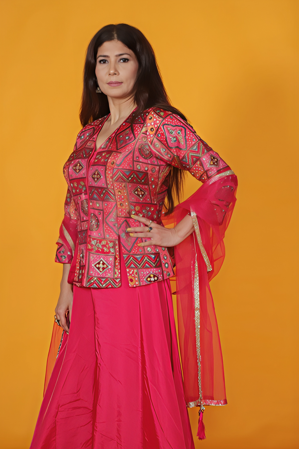 Pink Silk Position Printed Top, with Sharara & Dupatta