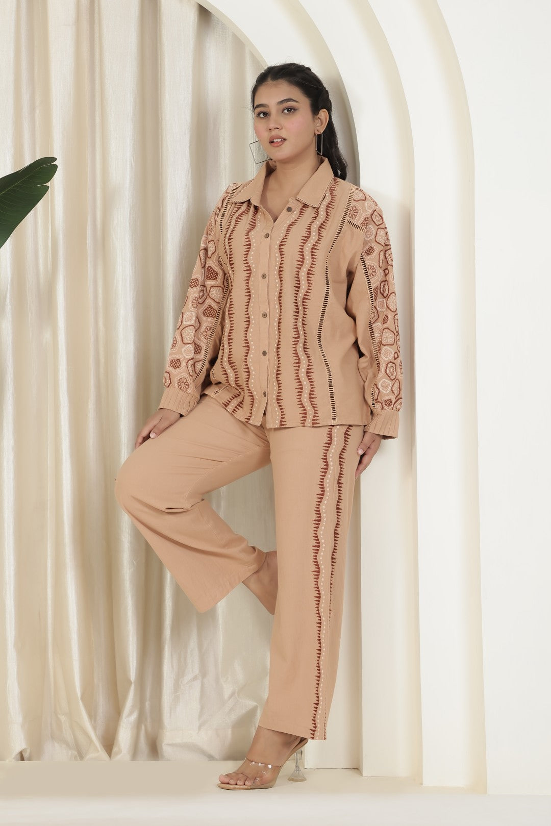 Light Brown Jute Cotton Top with Thread Embroidery & Pant