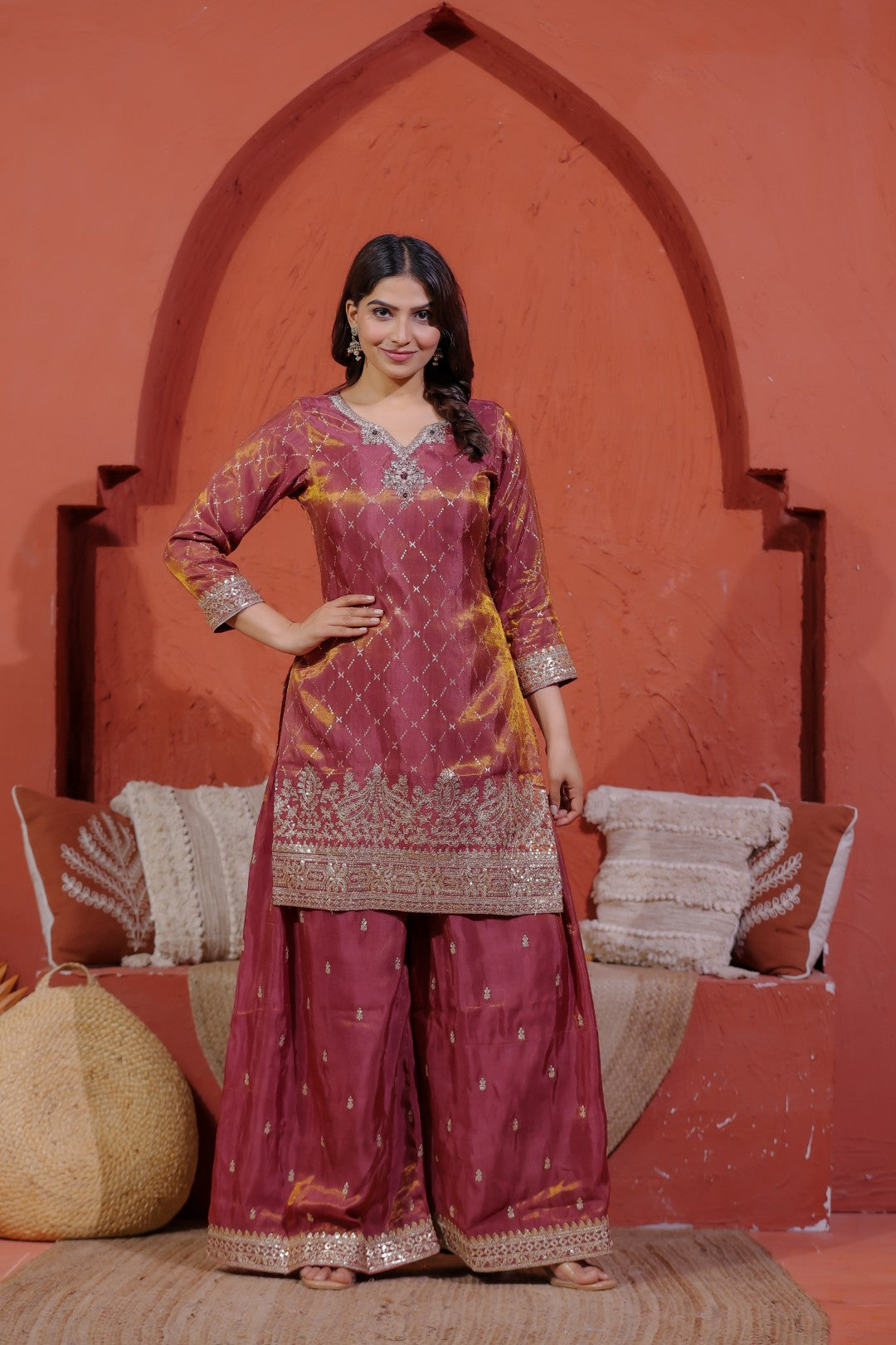 Reddish Brown Mosh Silk Suit with Banarasi Work,Sharara & Dupatta
