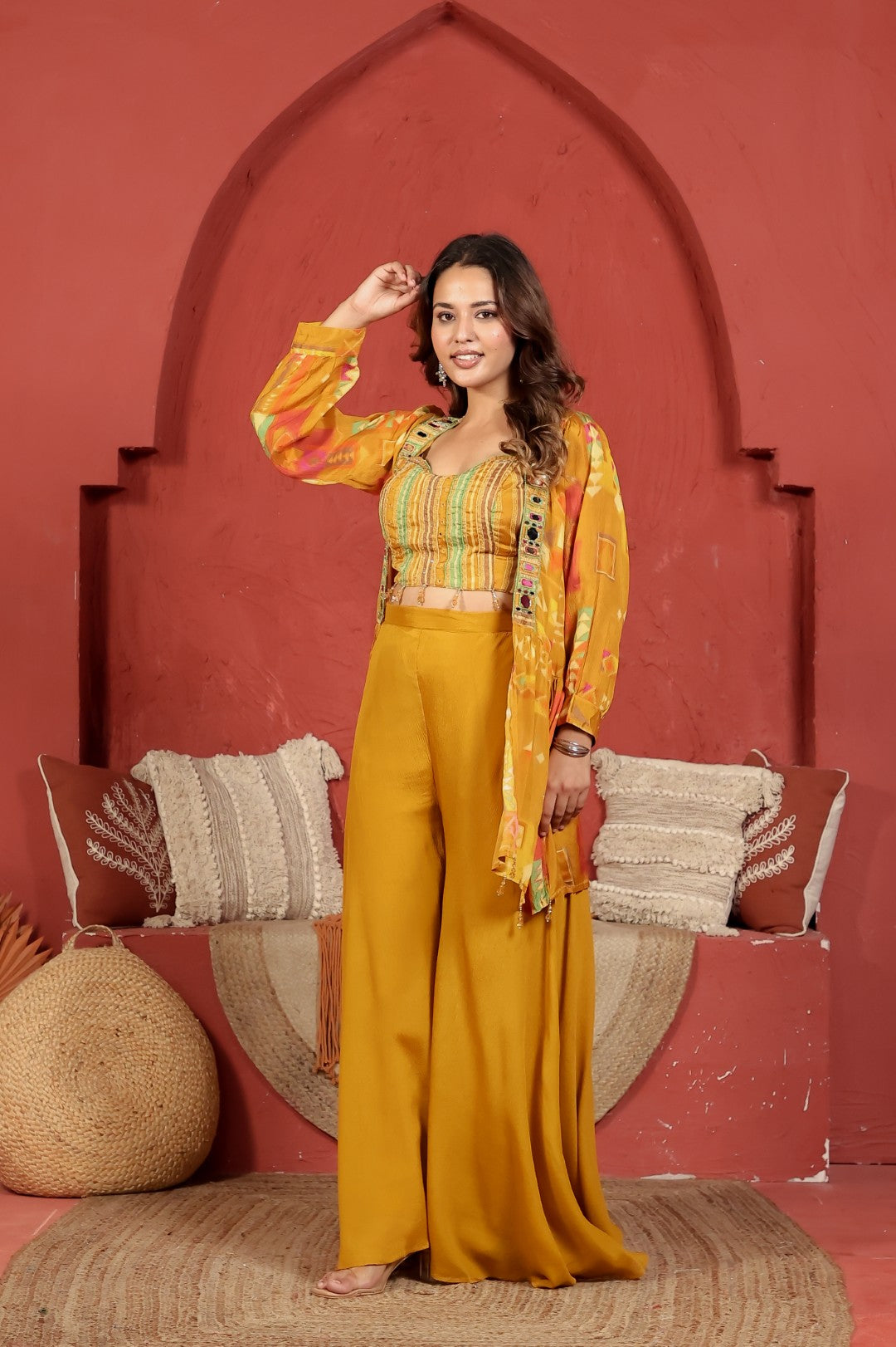 Mustard Yellow Chinon Silk Jacket with Mirror Work Palazzo & Printed Shrug