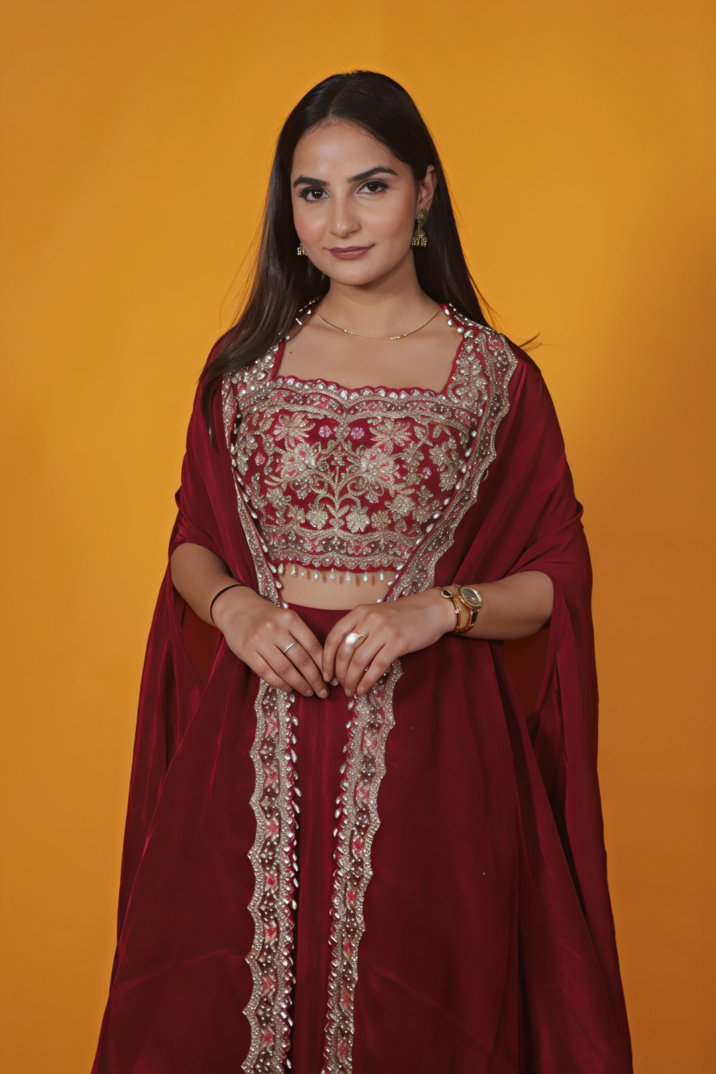 Maroon Crepe Silk Blouse with Zari Handwork, Dhoti & Shrug