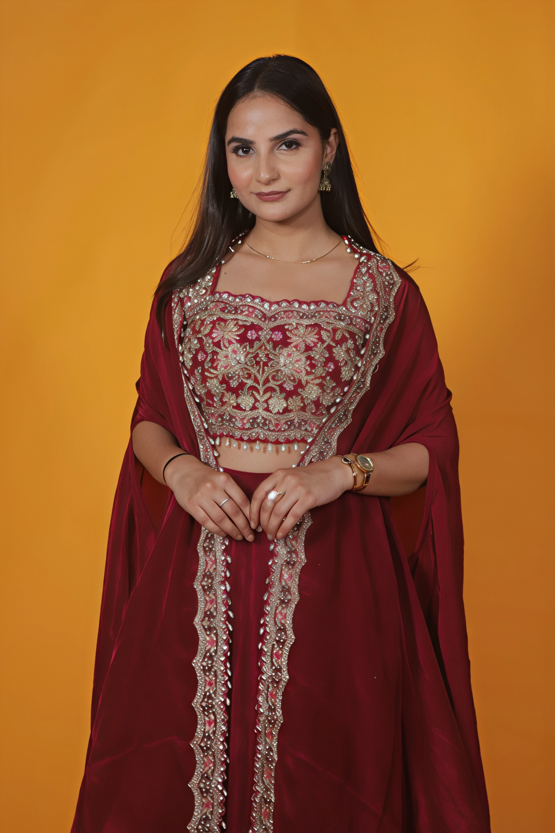Maroon Crepe Silk Blouse with Zari Handwork, Dhoti & Shrug