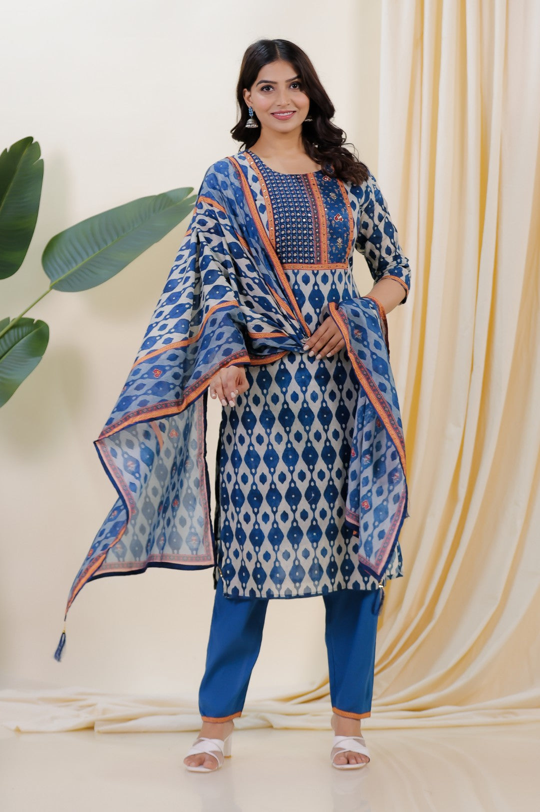 Light Grey & Diesel Blue Cotton Printed Suit with Sequin & Thread Work, Bottom & Dupatta