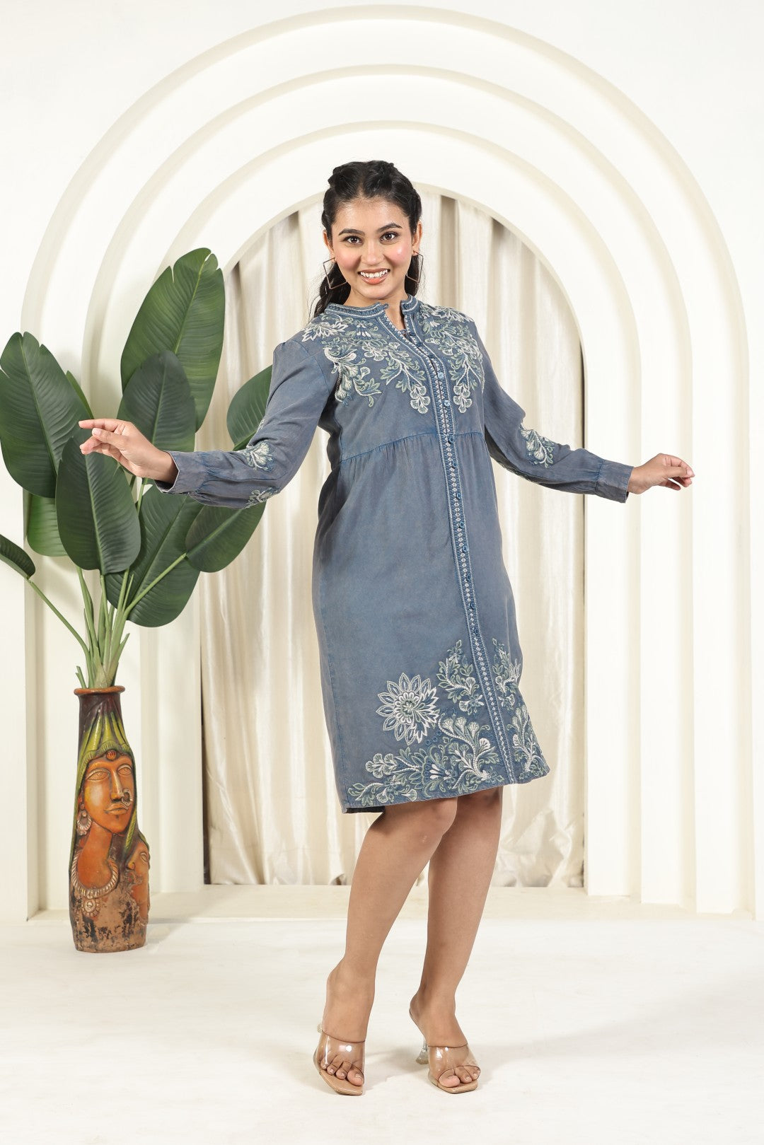 Denim Blue Dress with Thread Embroidery