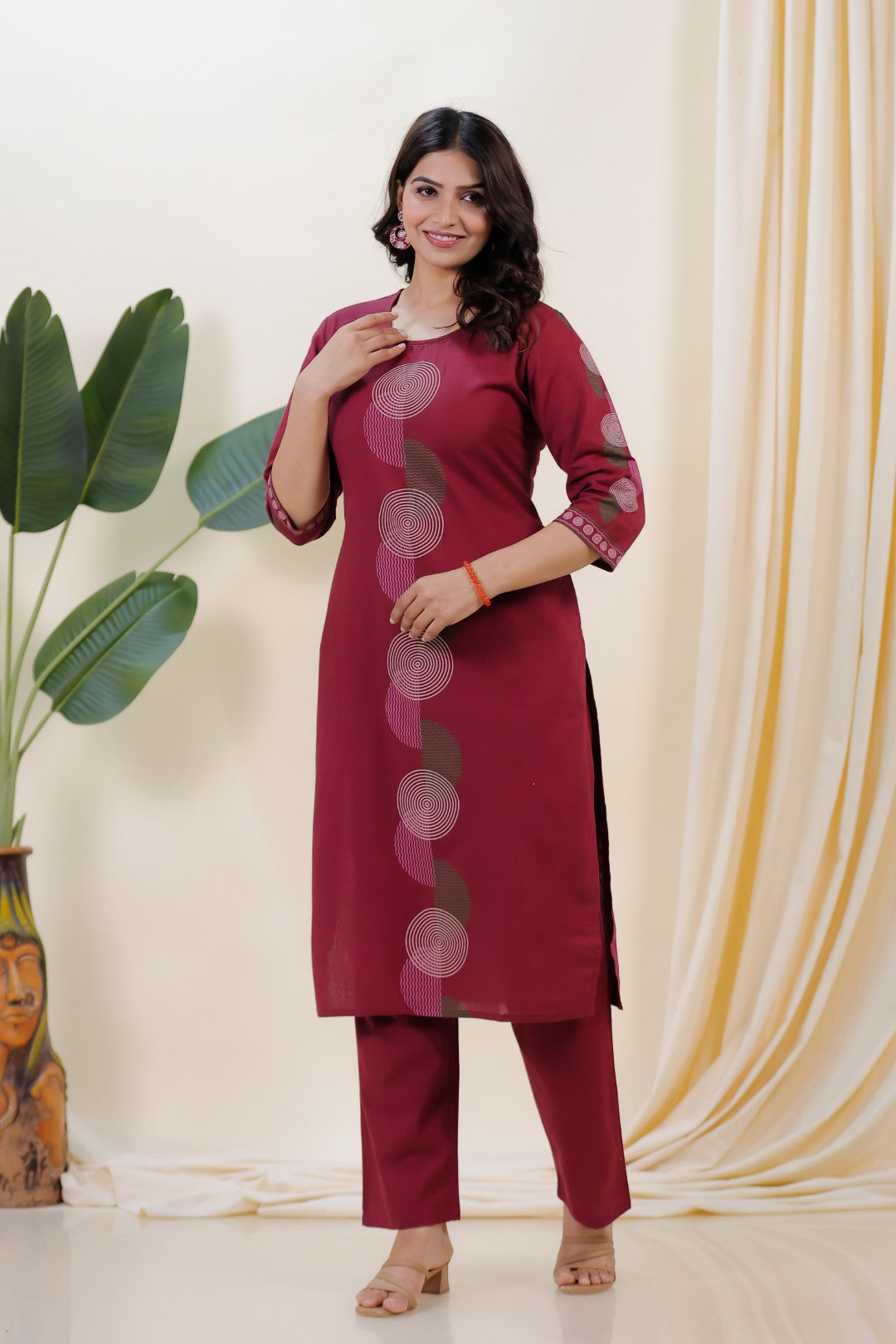 Maroon Linen Cotton Printed Suit with Straight Pant