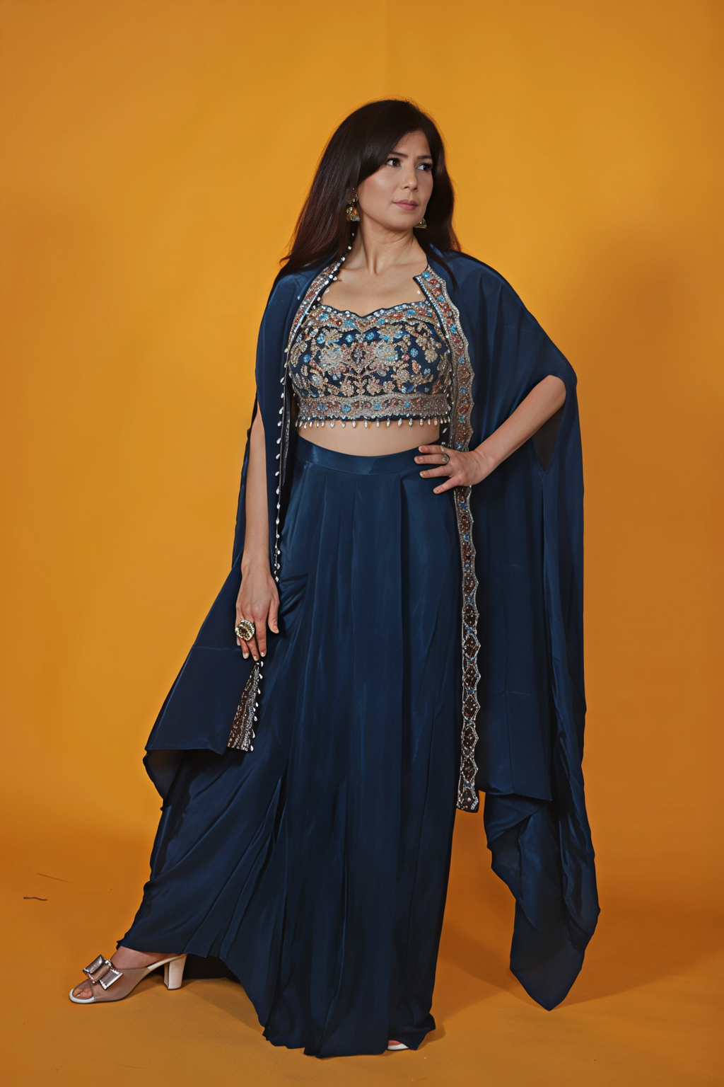 Dark Teal Blue Crepe Silk Blouse with Zari Handwork, Dhoti & Shrug