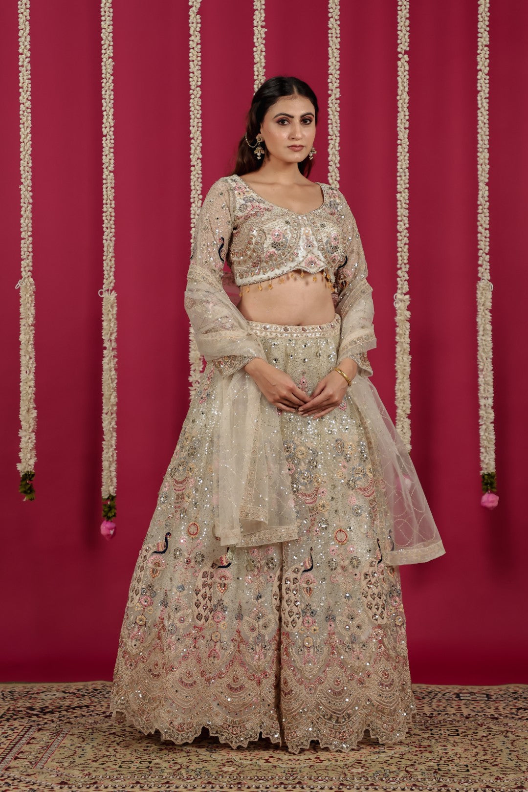 Off White Net Lehenga with Heavy Embroidery and Matching Blouse & Dupatta