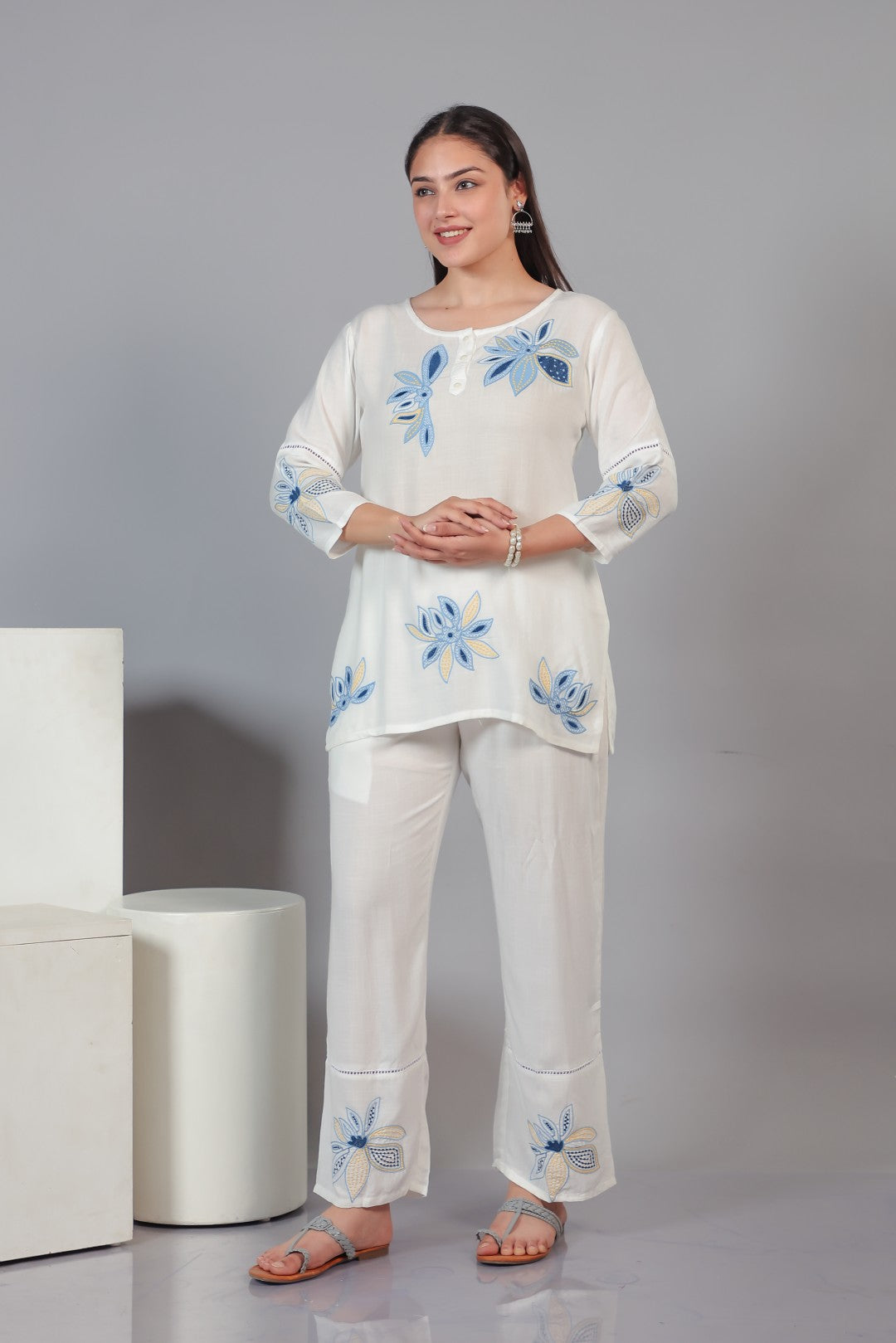 White Rayon with Thread Embroidery Co-ord Set
