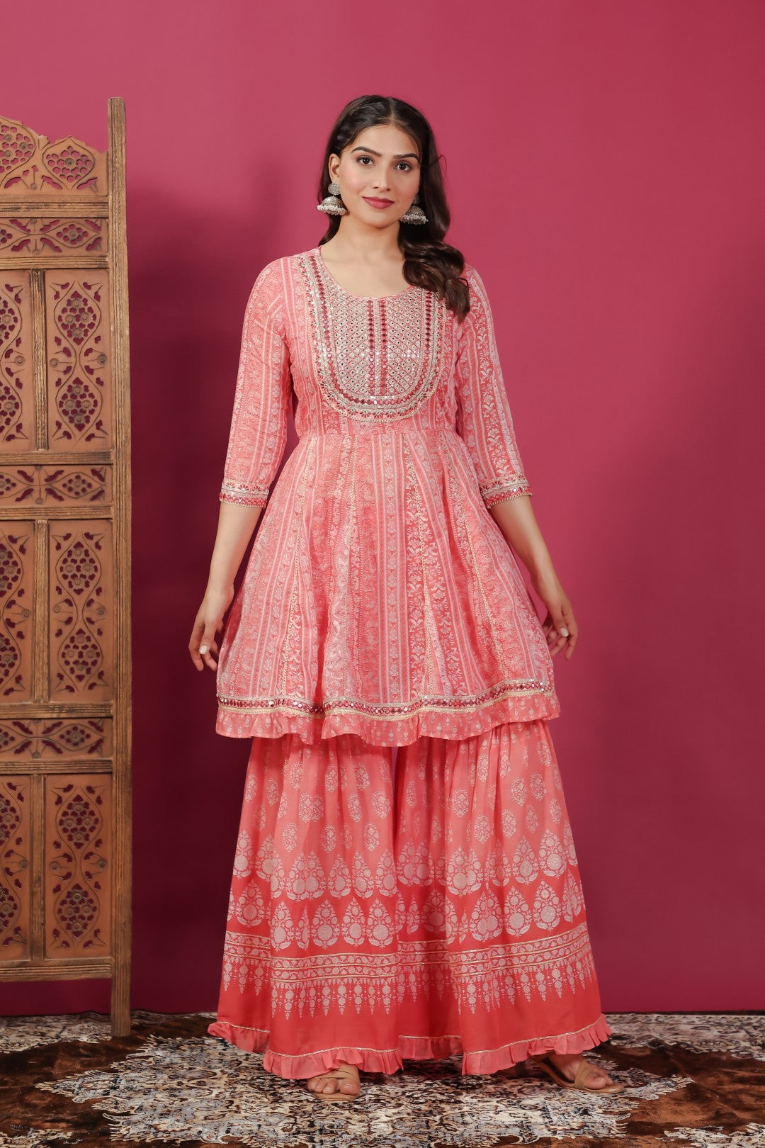 Reddish Orange Cotton Printed Suit, Palazzo & Dupatta