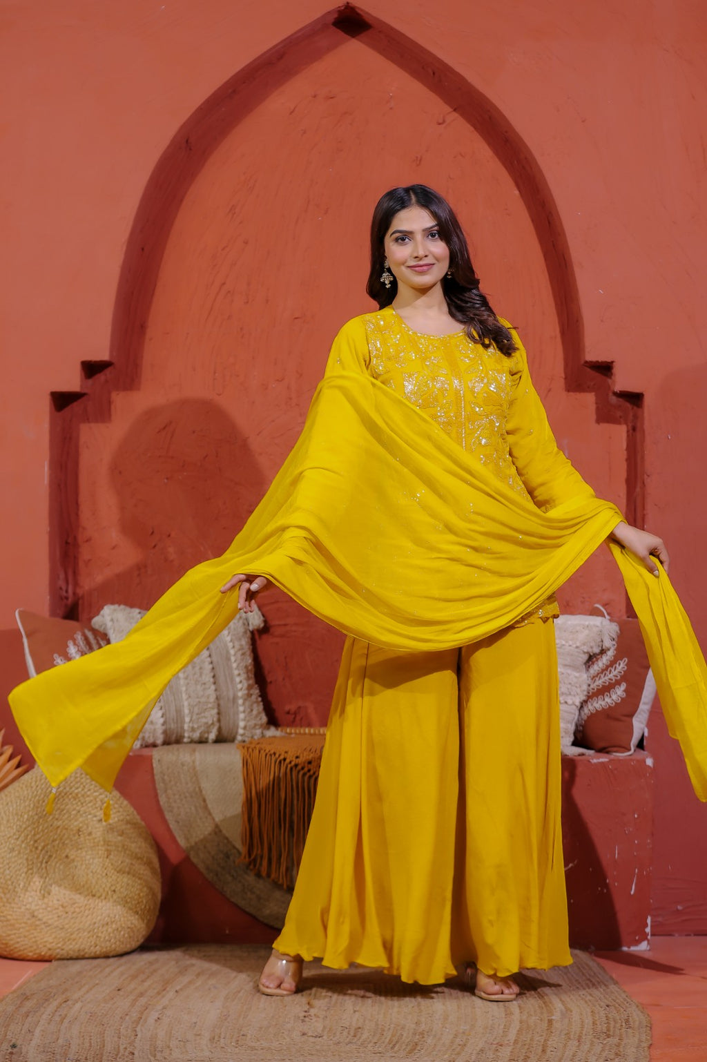Yellow Pure Organza Top with Sequin Handwork, Sharara & Dupatta