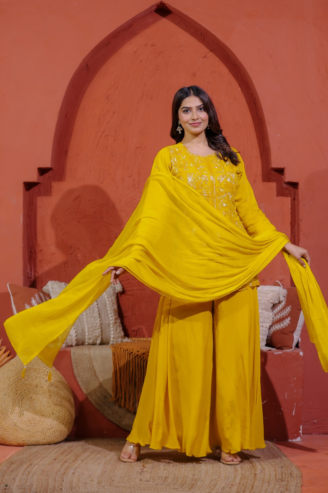 Yellow Pure Organza Top with Sequin Handwork, Sharara & Dupatta