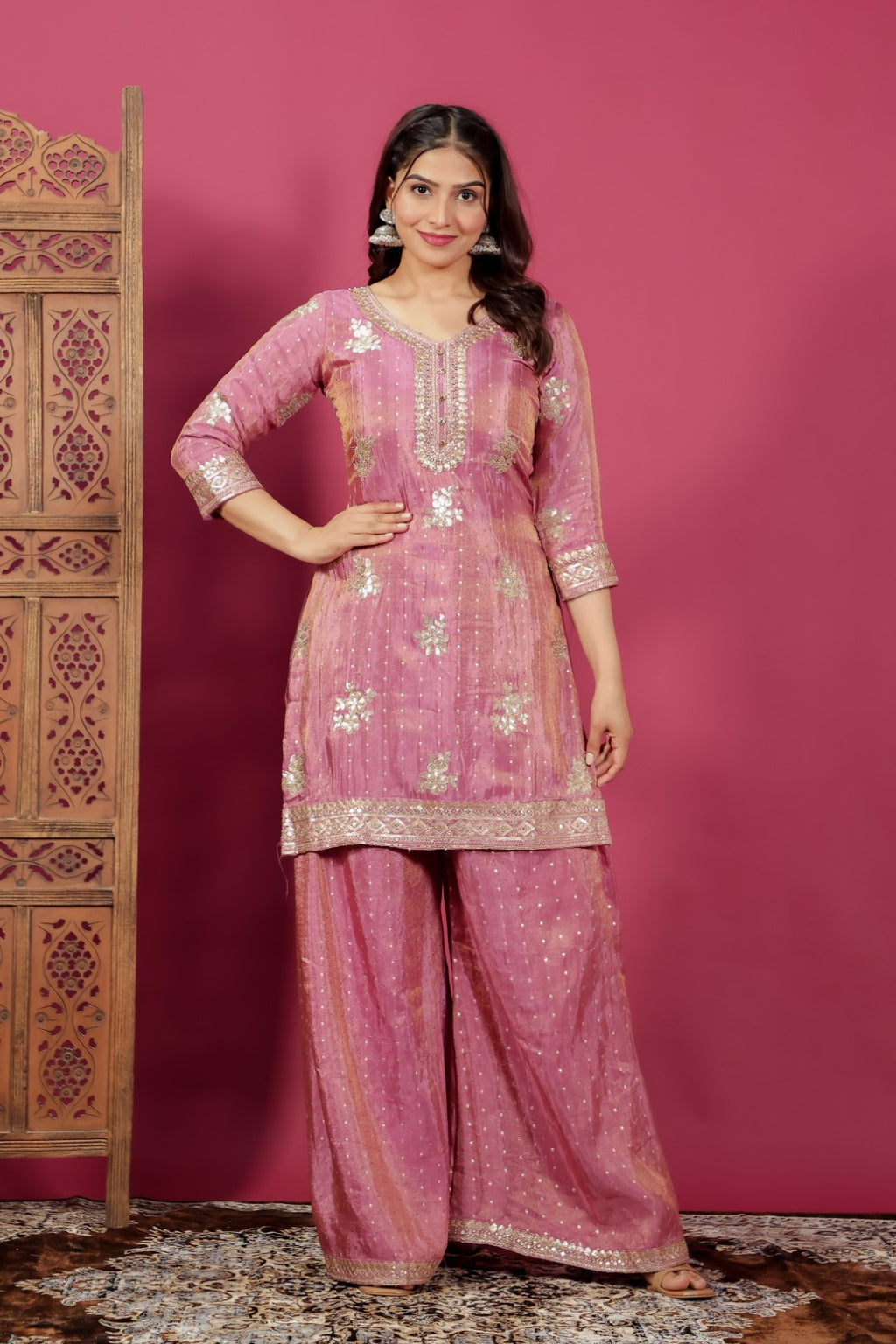Pink Mosh Silk Suit with Banarsi Work, Palazzo & Dupatta
