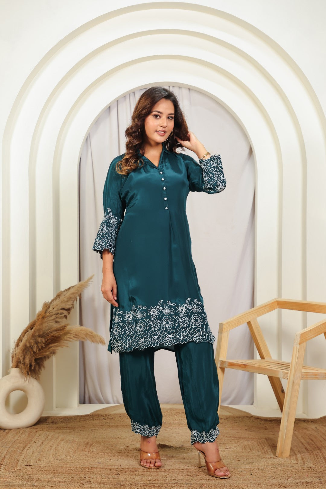 Bottle Green Crepe Silk with White Thread Work Co-ord Set