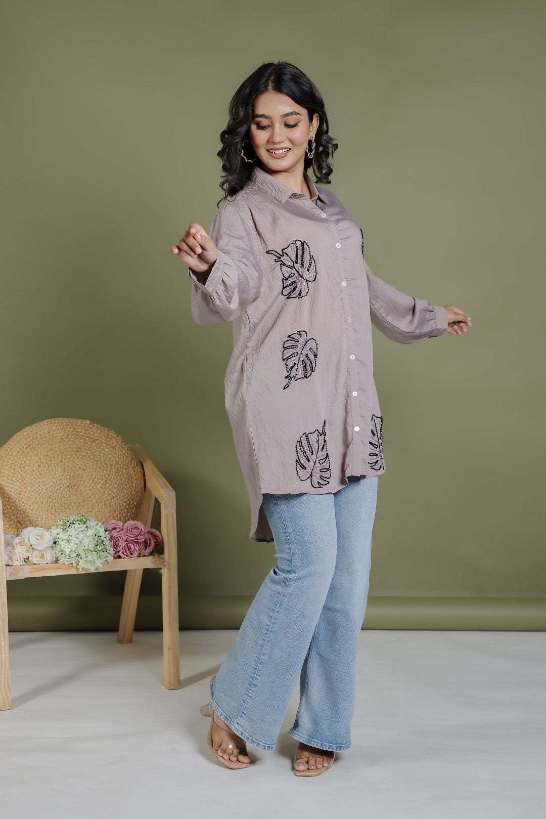 Charcoal Cotton Shirt with Sequence Handwork
