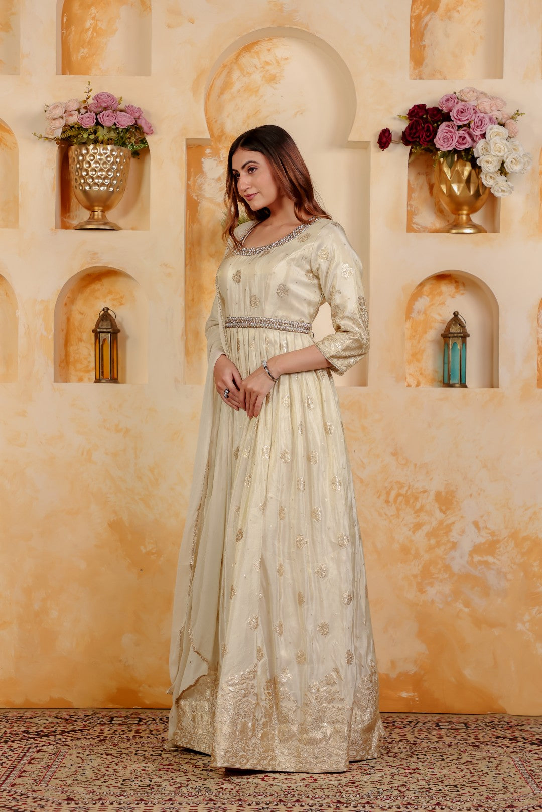 Off White Mosh Silk Banarasi Print with Belt, Gown & Dupatta