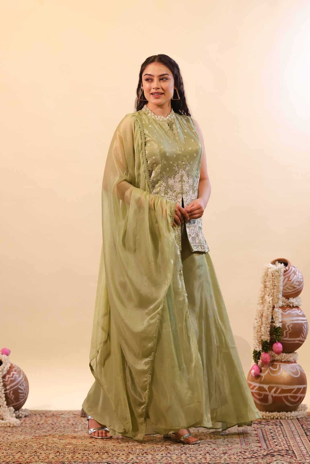 Pista Green Mosh Silk Jacket with Thread & Stone Work, Palazzo & Dupatta