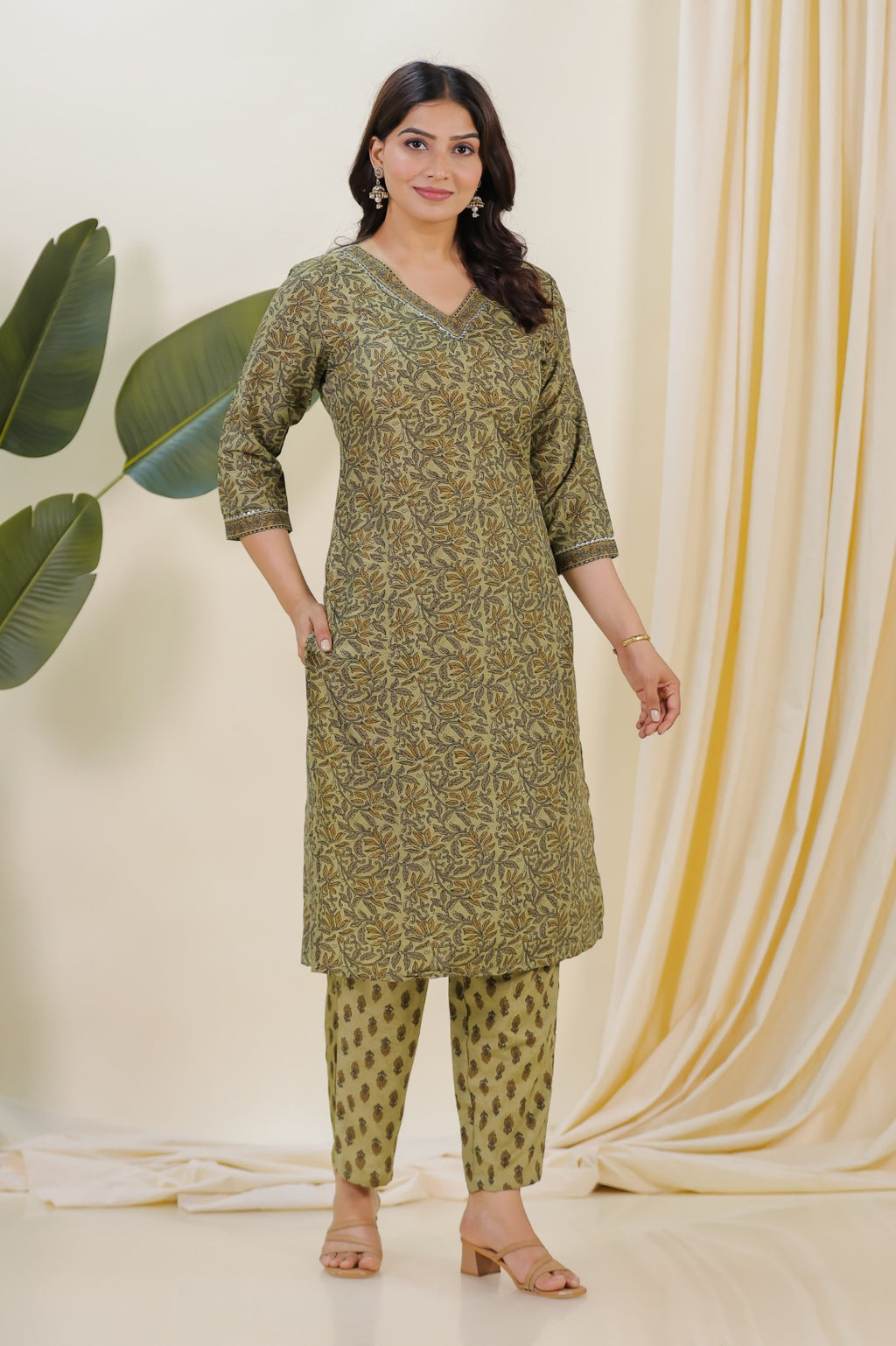Baby Green Slub Cotton Printed Top with Matching Bottom & Dupatta