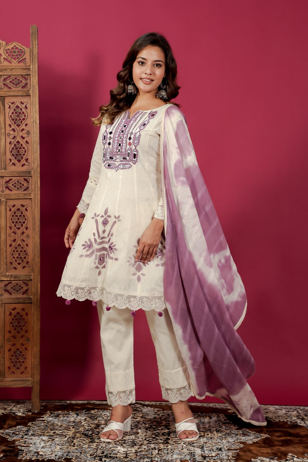 Off White Cotton Suit with Dollar Butti, Mirror & Handwork Neck, Block Print, Pant & Dupatta
