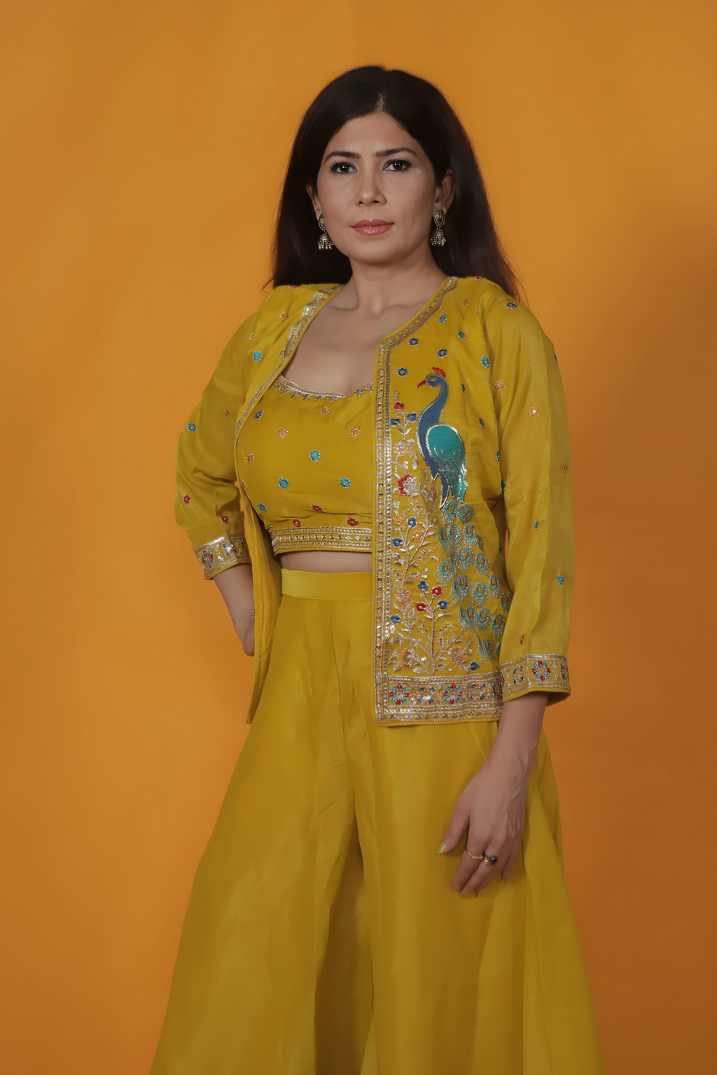 Yellow Mosh Silk Blouse with Zari Butti, Embroidery Jacket & Sharara