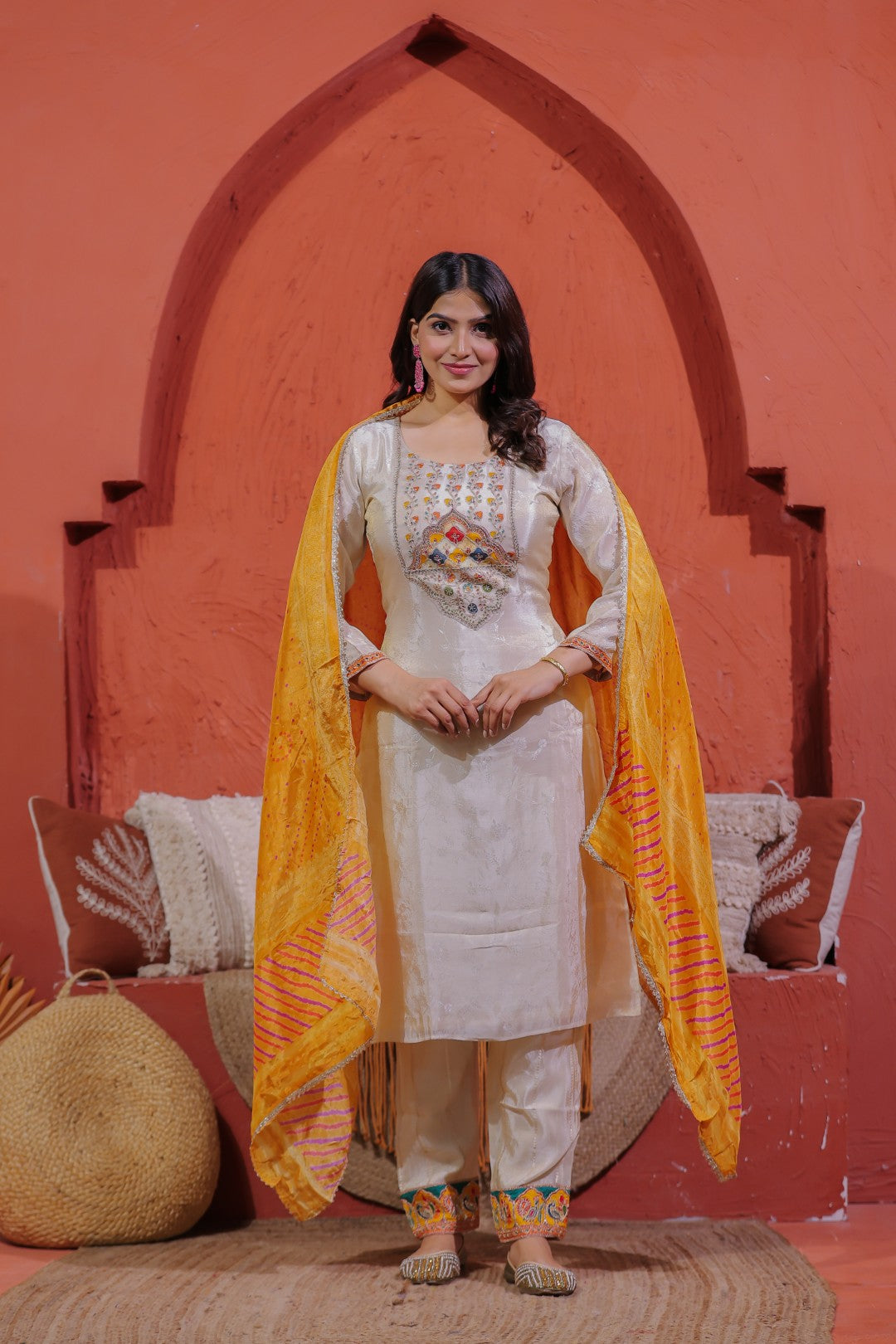 Off White Mosh Silk Suit with Self Print & Zari Sequin Work, Bottom & Dupatta