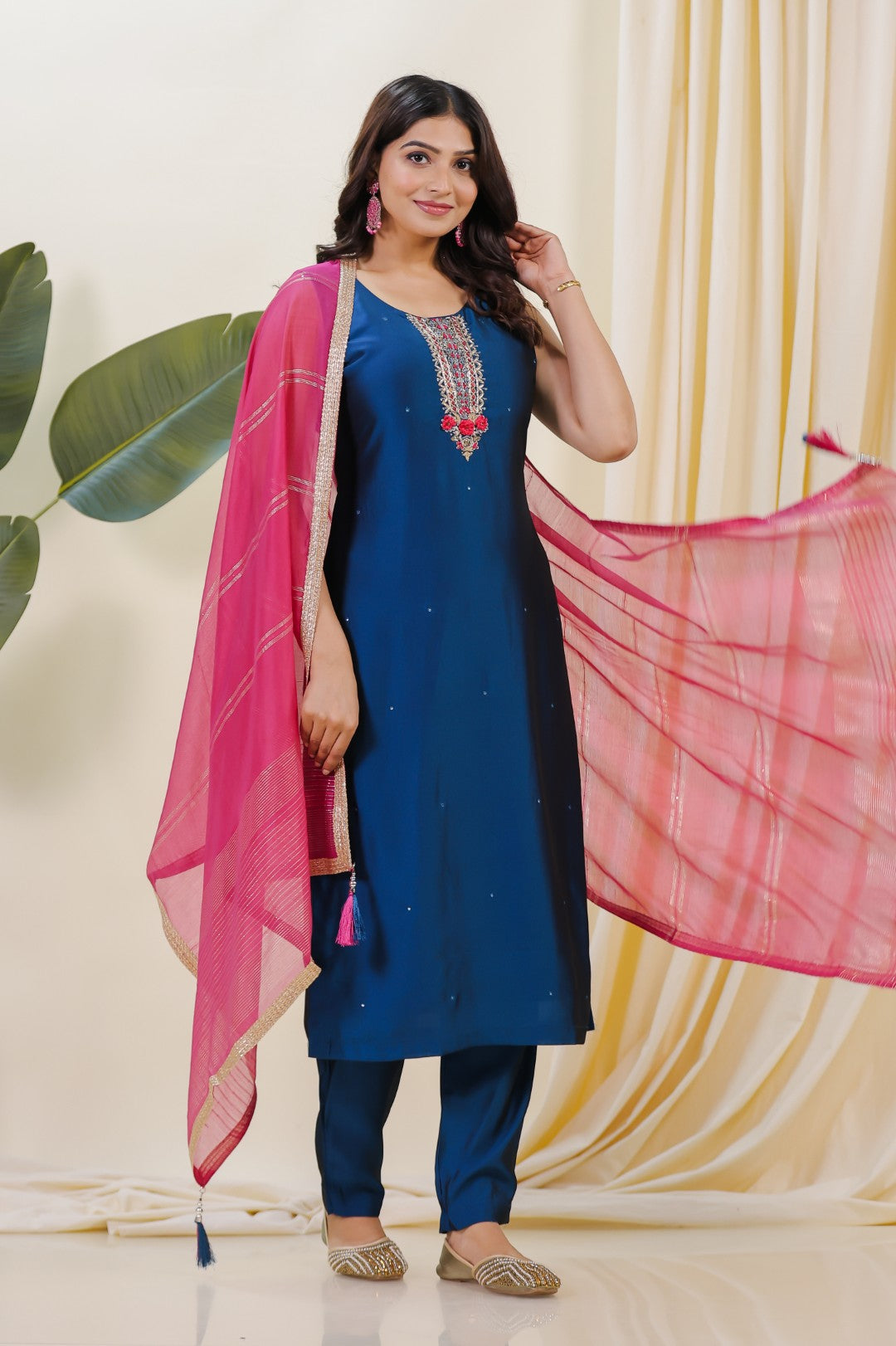 Diesel Blue Muslin Silk Suit with Handwork, Bottom & Dupatta
