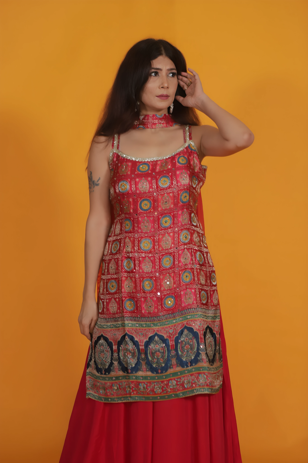 Rani Pink Crepe Silk Suit with Position Banarsi Prints, Sharara & Net Choker Dupatta