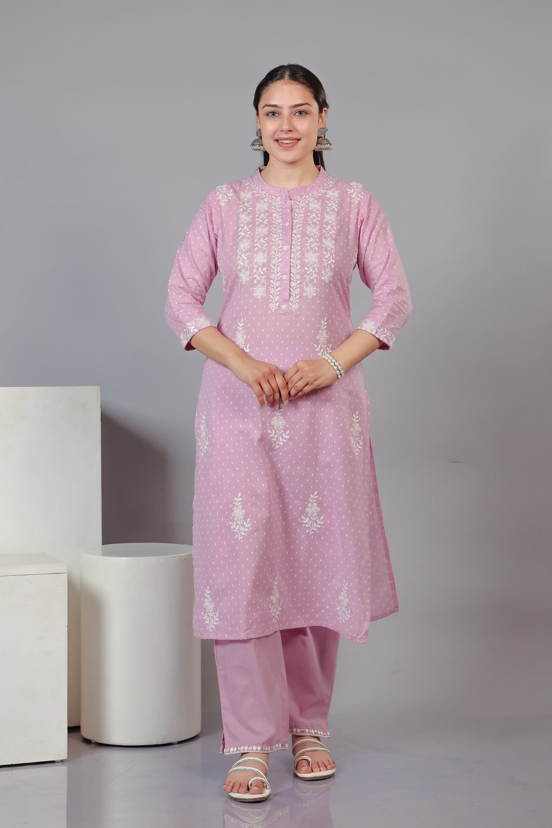 Pink Cotton Suit with Fine Thread Work, Bottom & Dupatta