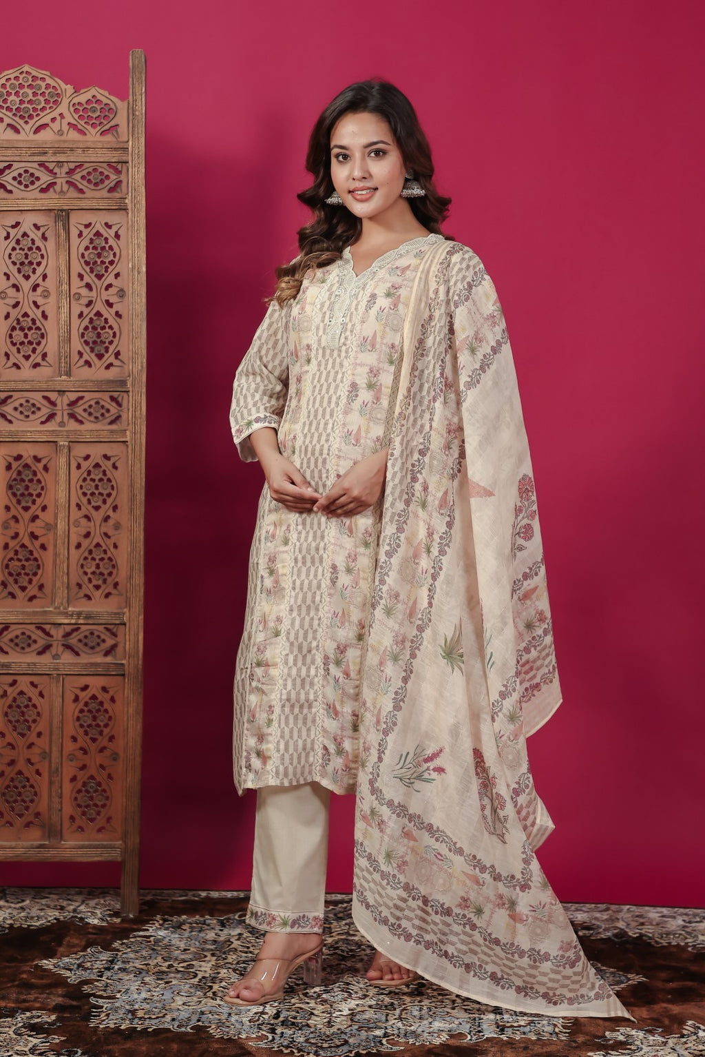 Beige Linen Cotton Printed Suit with Lace Work, Bottom & Dupatta