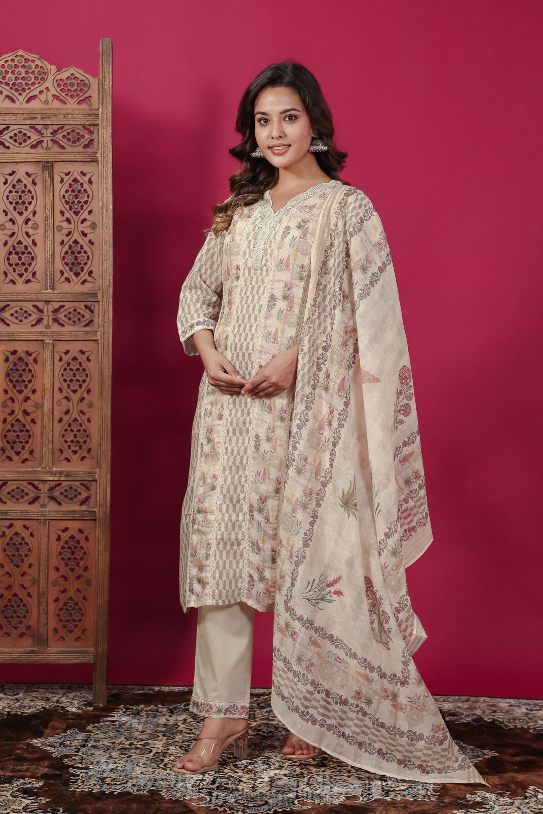 Beige Linen Cotton Printed Suit with Lace Work, Bottom & Dupatta