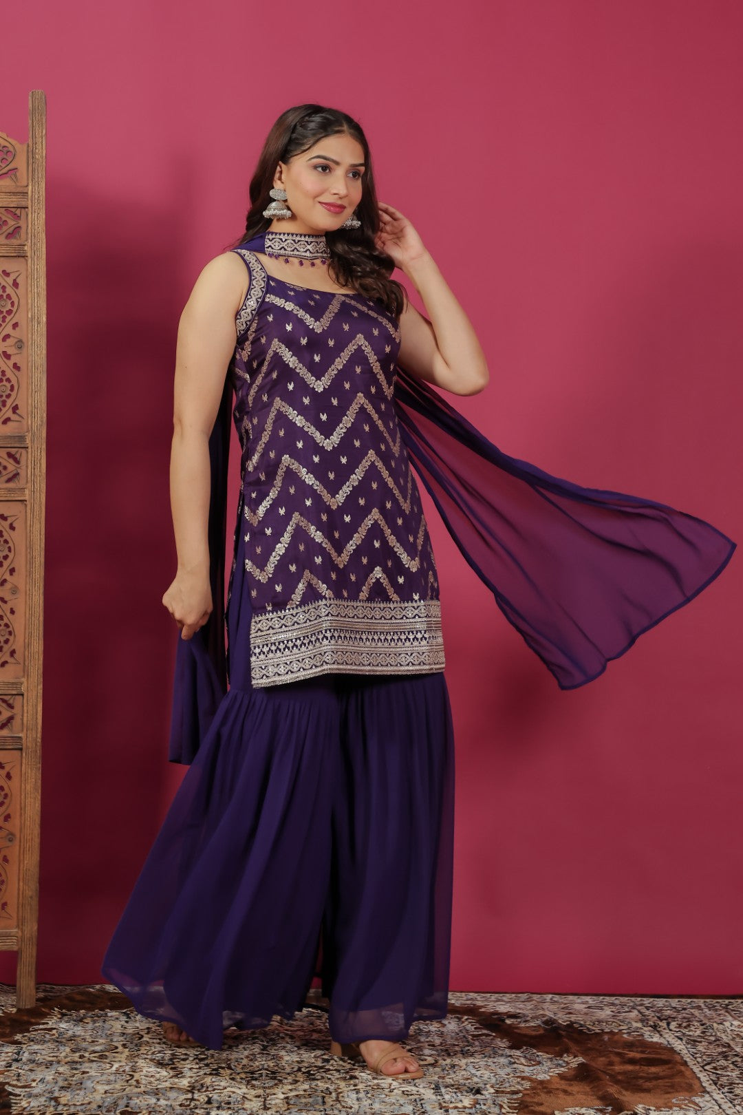 Purple Ho Silk Banarasi Top with Zari Work, Sharara & Dupatta