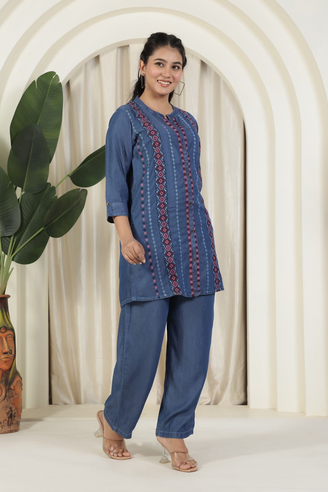 Navy Blue Denim Top with Embroidery and Paired with Matching Pant