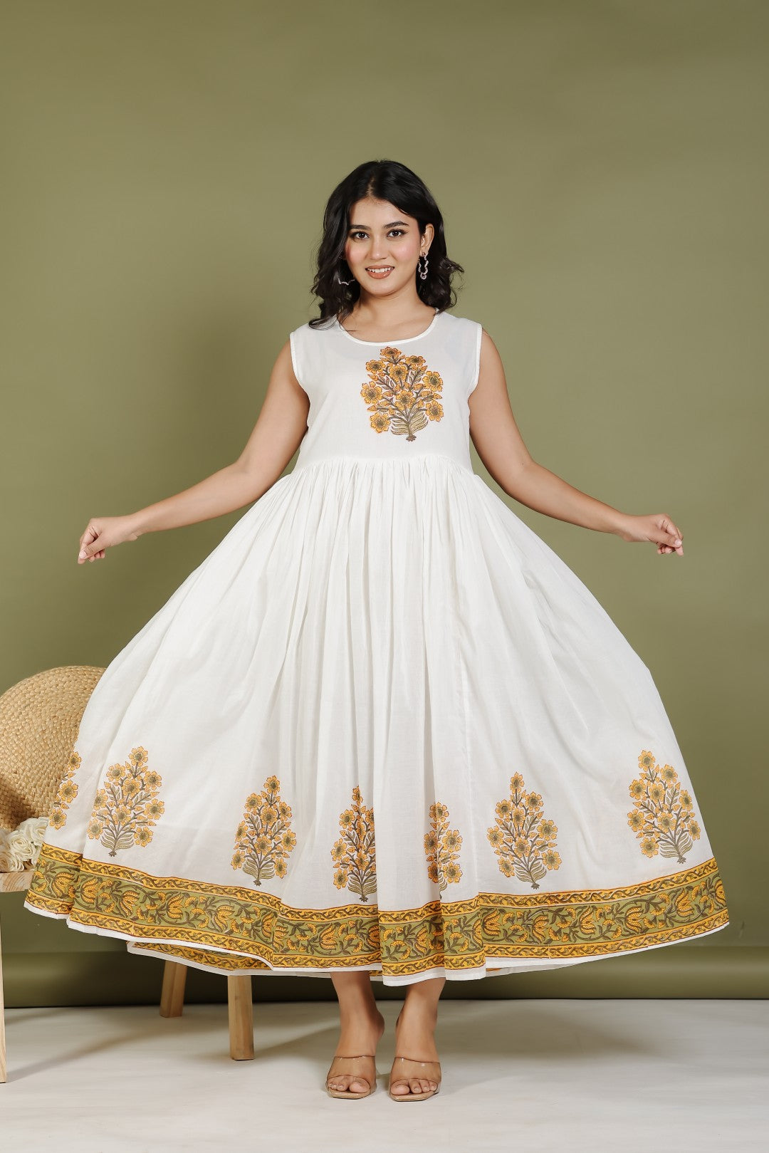 Offwhite Mulmul Cotton Suit with Pista Green Hand Block Sanganeri Print and Jacket