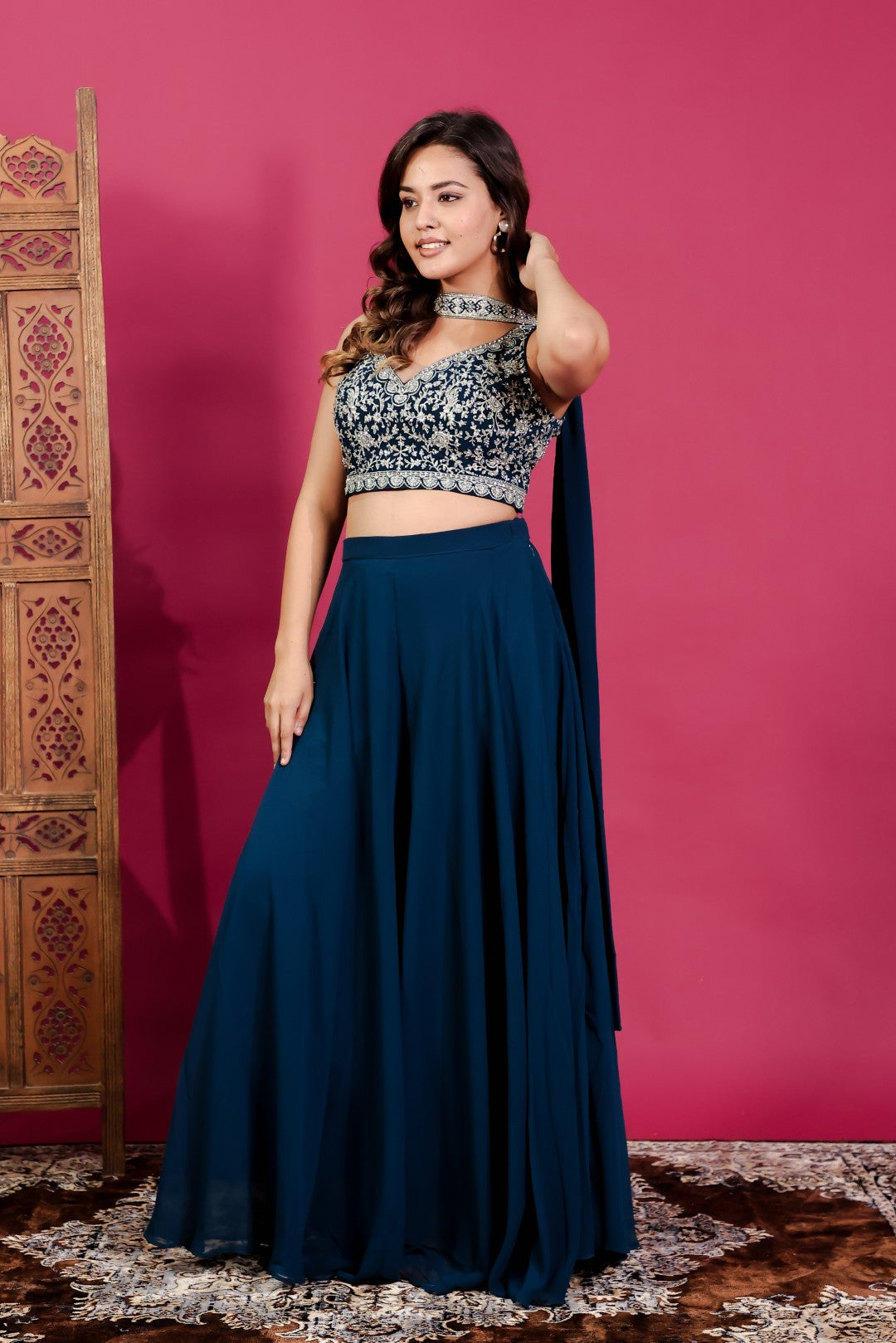 Diesel Blue Georgette Blouse with Heavy Zari Work, Sharara & Dupatta