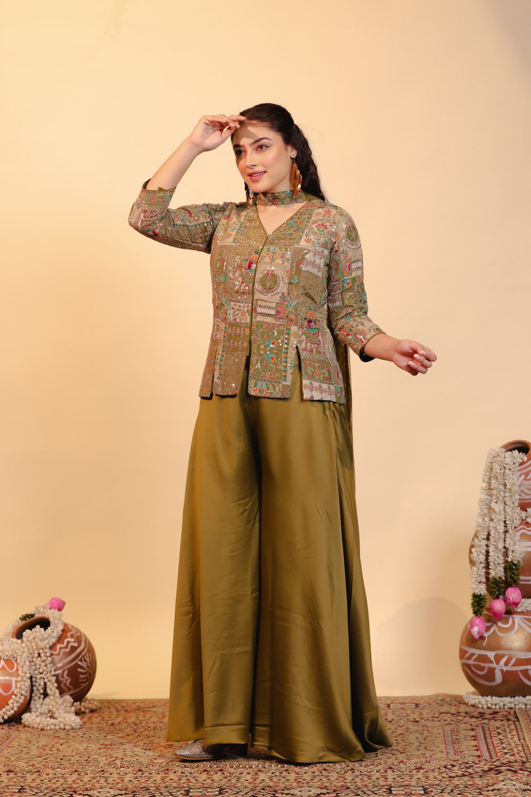 Mehendi Green HO Silk Top with Position Prints & Zari Work, Sharara & Dupatta