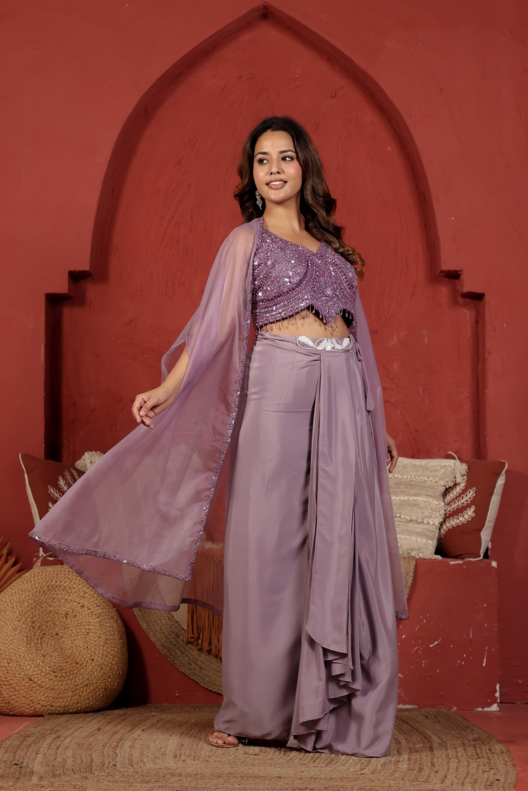 Lavender Satin Silk Blouse with Front Handwork, Dhoti & Shrug