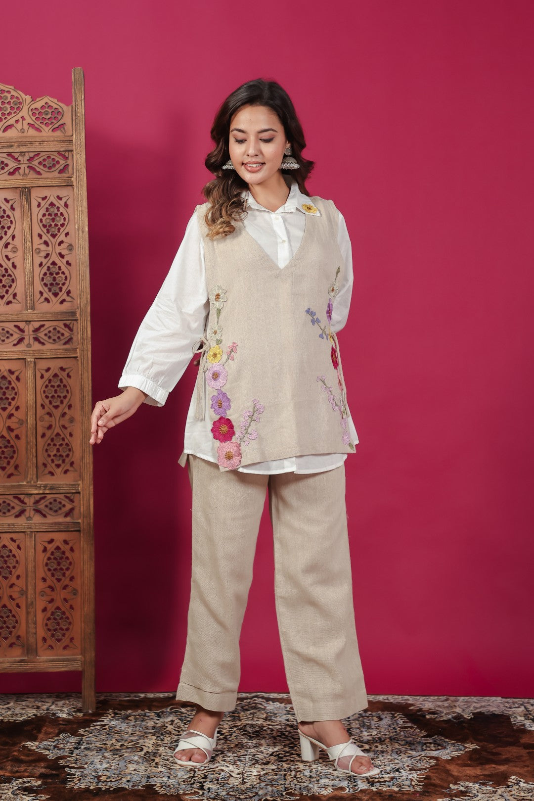 White Cotton Shirt with Beige Jute Linen Jacket Co-ord Set